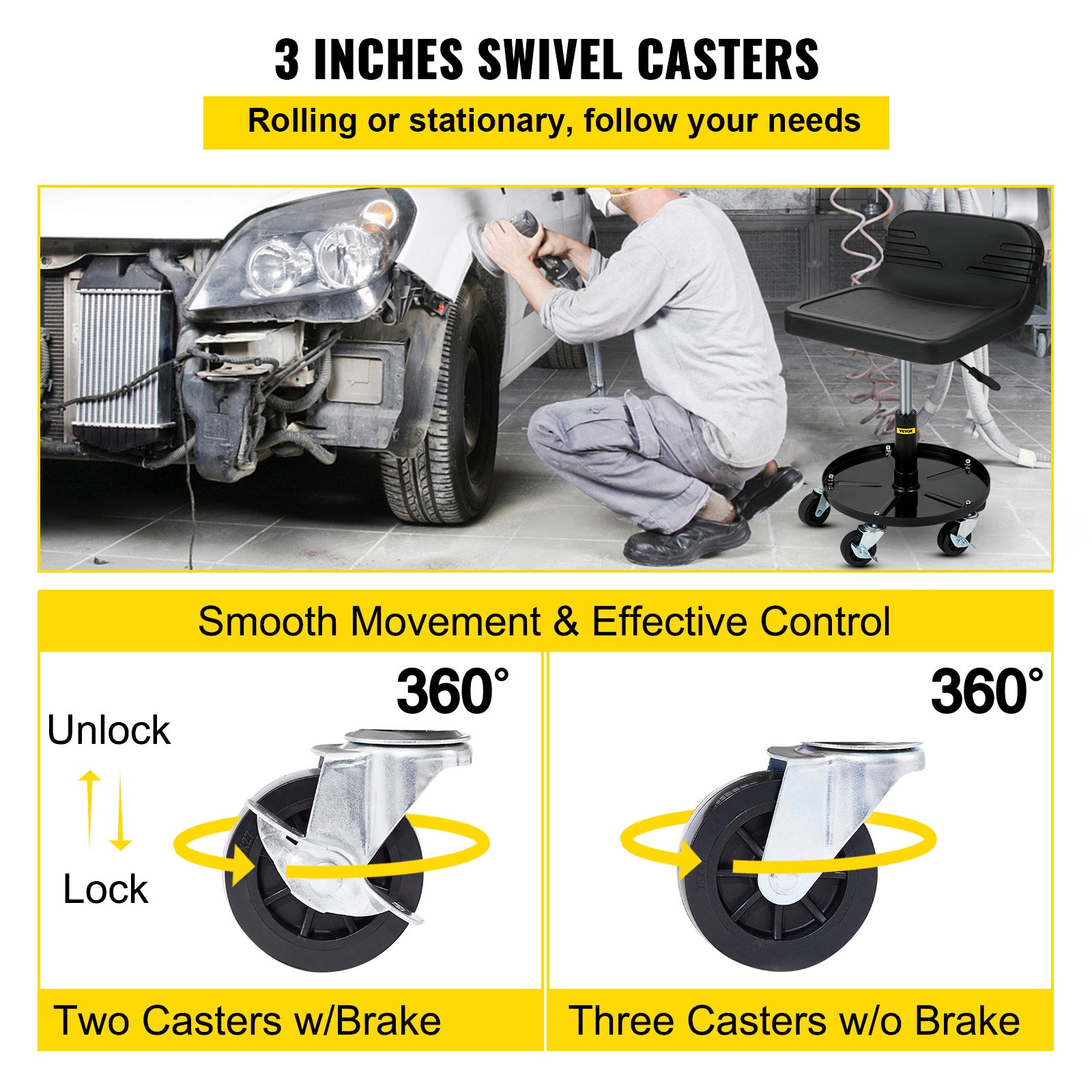 VEVOR Rolling Garage Stool 300/400LBS Adjustable Swivel Work Shop Seat w/Casters