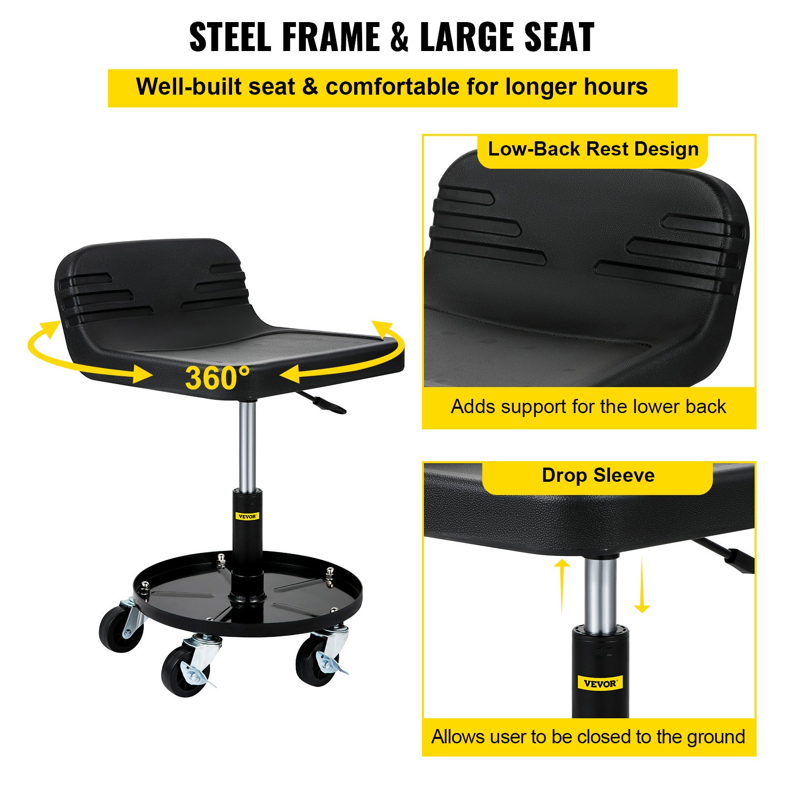 VEVOR Rolling Garage Stool 300/400LBS Adjustable Swivel Work Shop Seat w/Casters