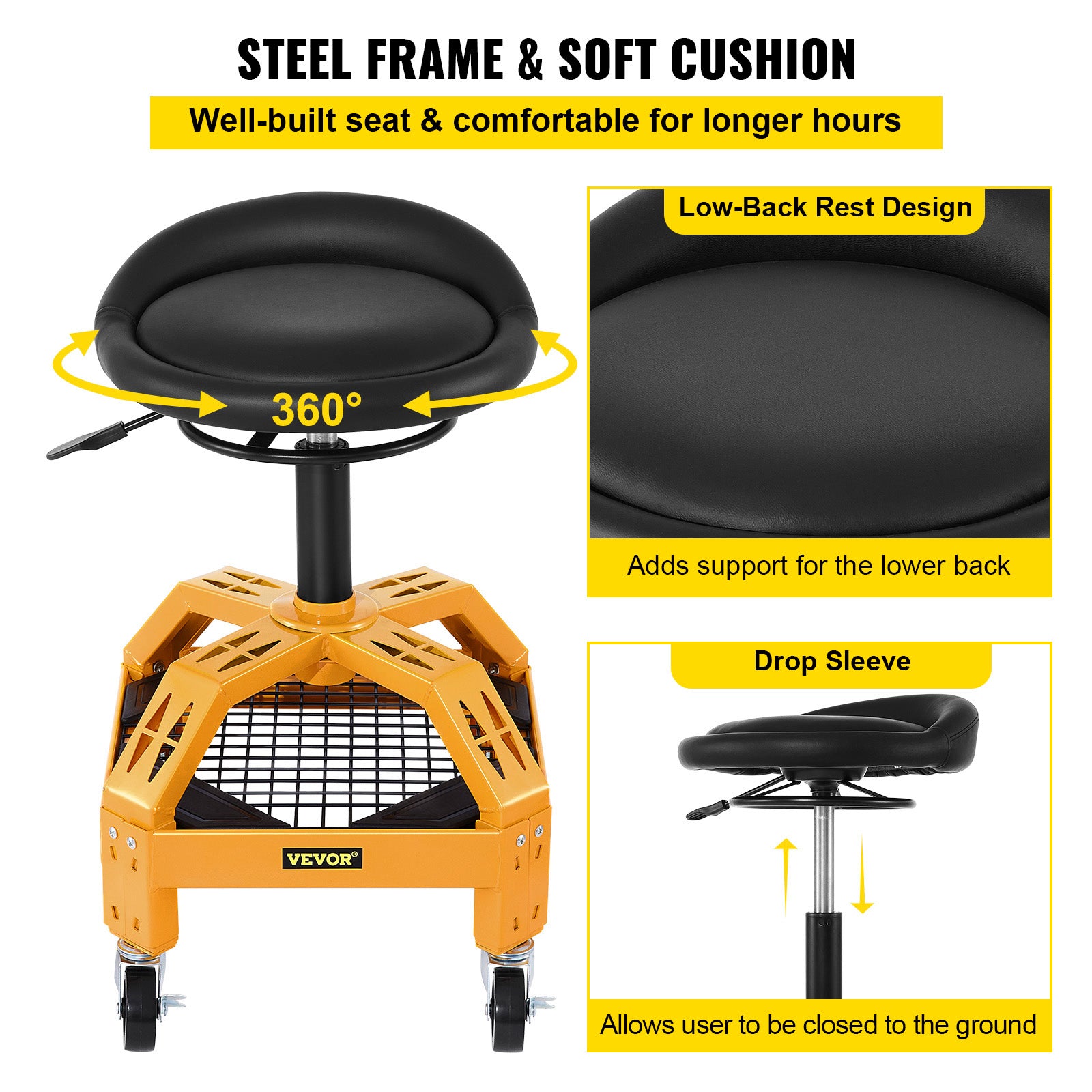 VEVOR Rolling Garage Stool 300/400LBS Adjustable Swivel Work Shop Seat w/Casters