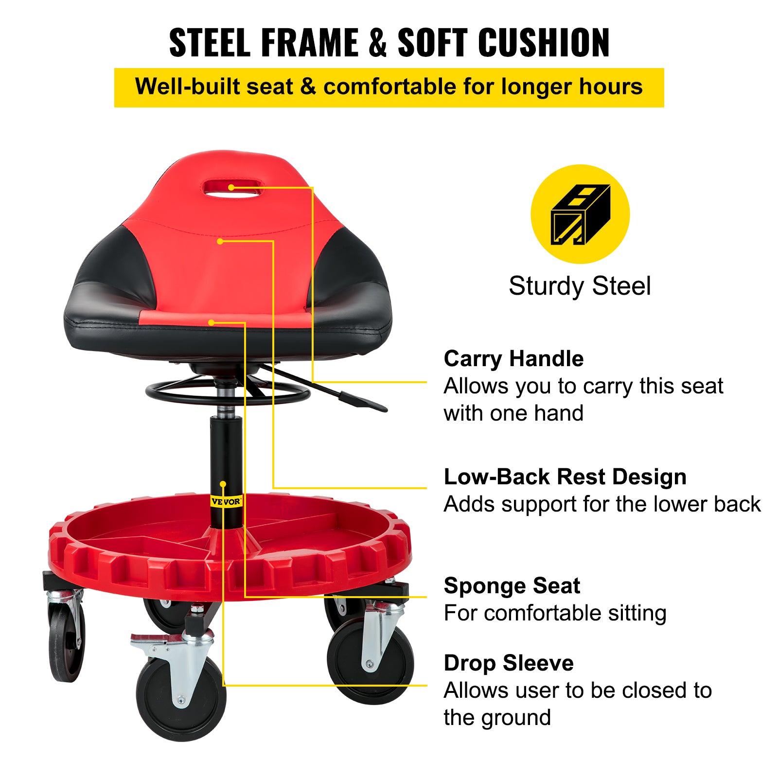 VEVOR Rolling Garage Stool 300/400LBS Adjustable Swivel Work Shop Seat w/Casters