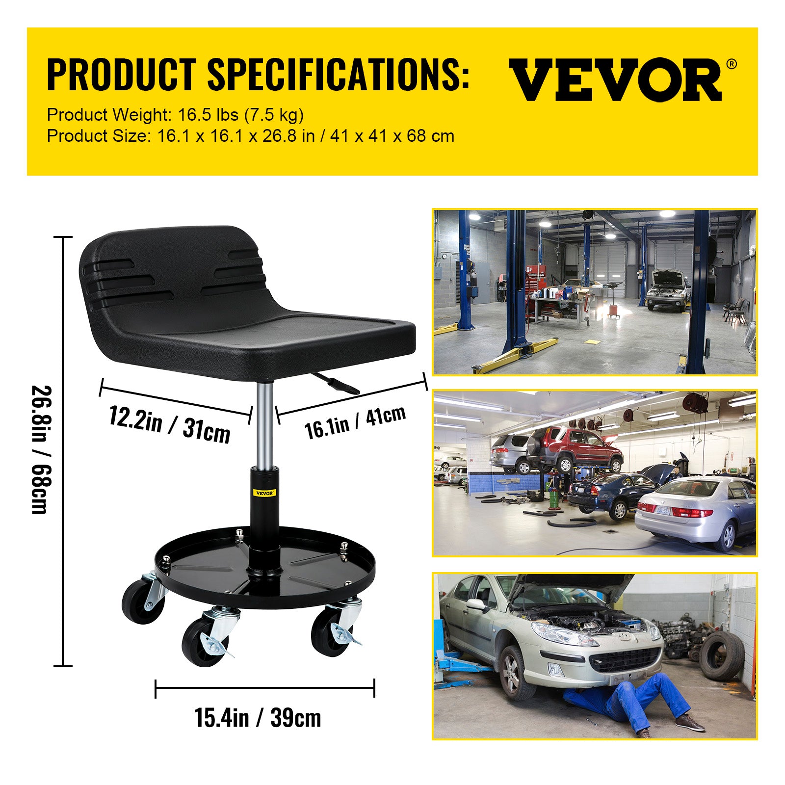 VEVOR Rolling Garage Stool 300/400LBS Adjustable Swivel Work Shop Seat w/Casters
