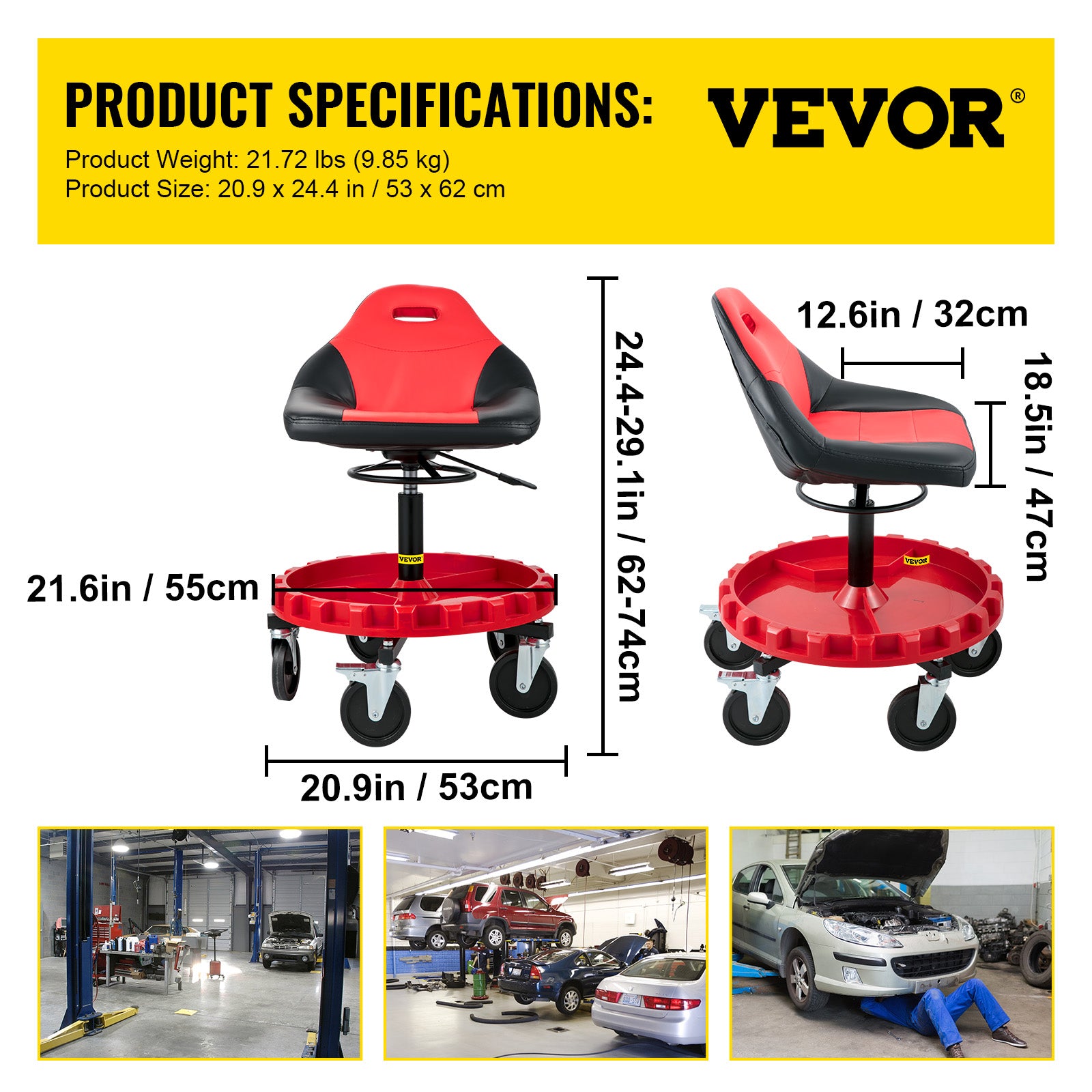 VEVOR Rolling Garage Stool 300/400LBS Adjustable Swivel Work Shop Seat w/Casters