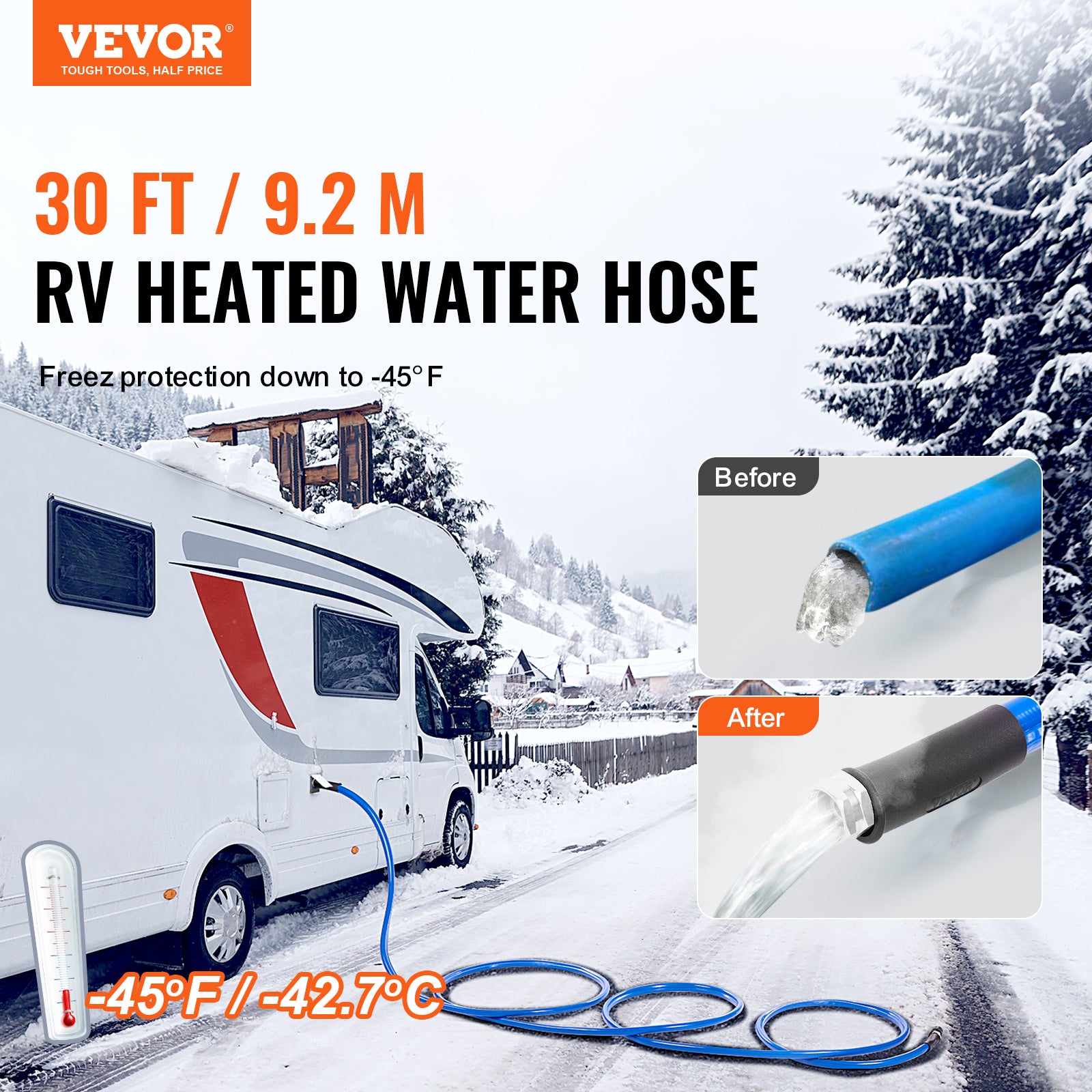 VEVOR Heated Water Hose 15ft-100ft for RV -45℉ Antifreeze Drinking Water Hose