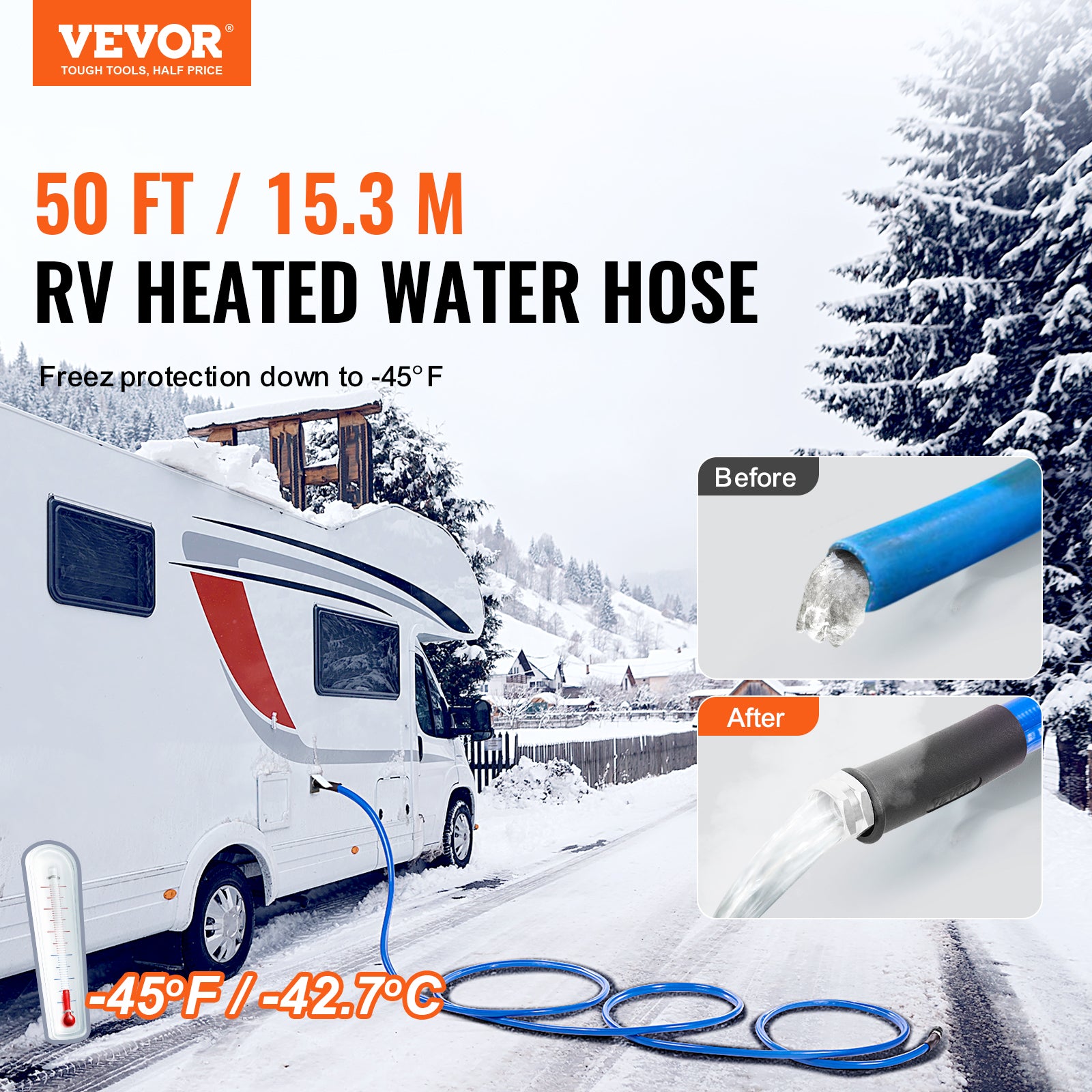 VEVOR Heated Water Hose 15ft-100ft for RV -45℉ Antifreeze Drinking Water Hose