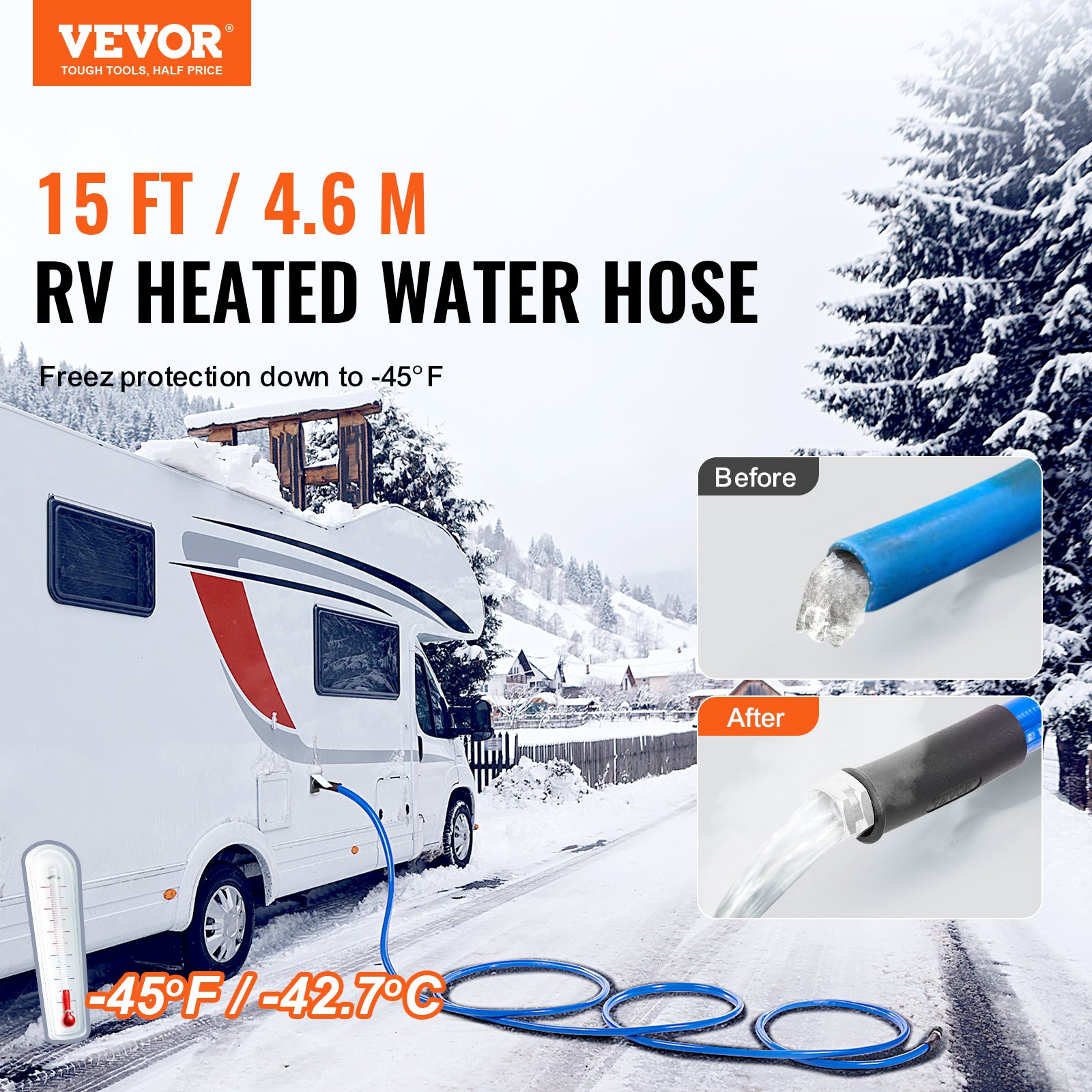 VEVOR Heated Water Hose 15ft-100ft for RV -45℉ Antifreeze Drinking Water Hose