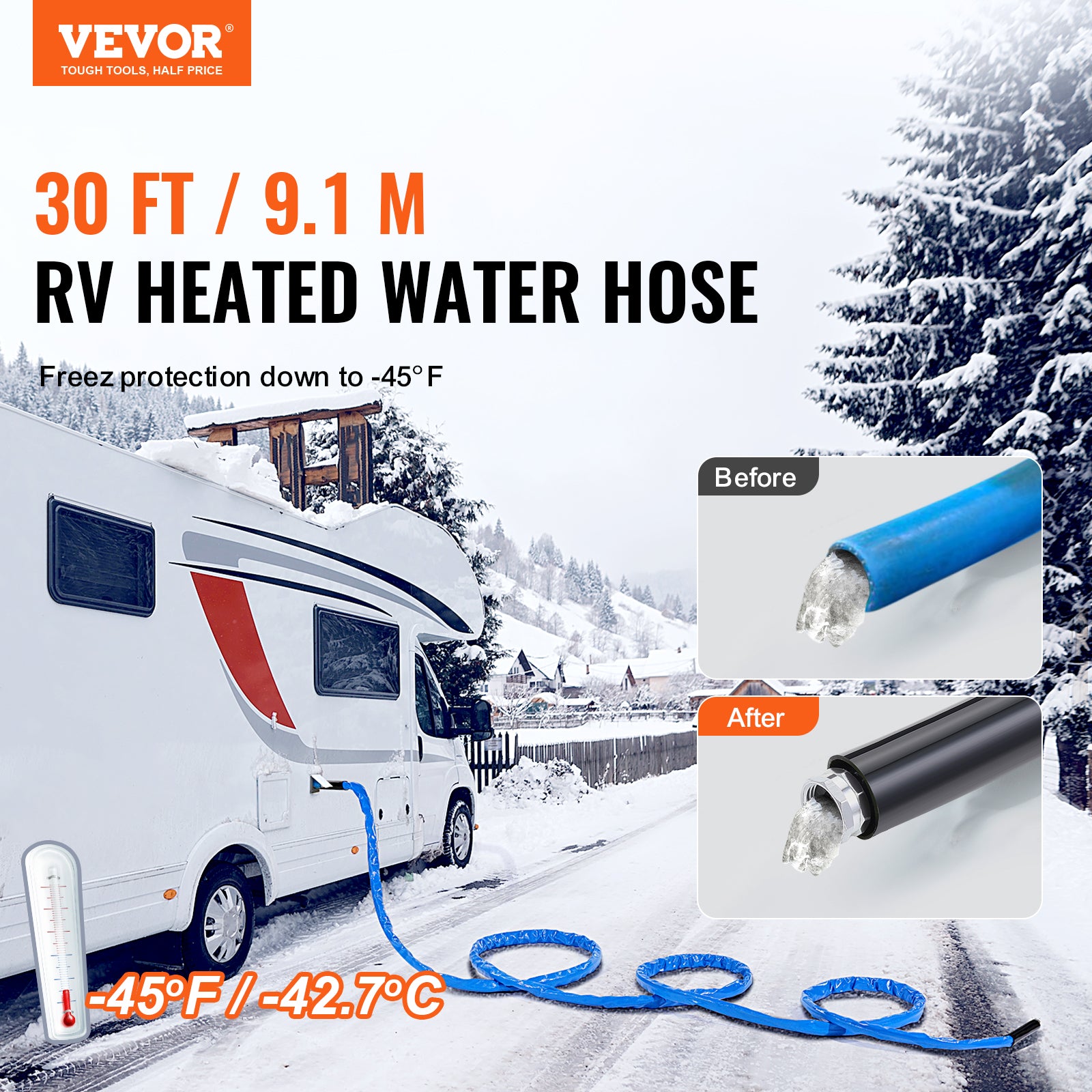 VEVOR Heated Water Hose 15ft-100ft for RV -45℉ Antifreeze Drinking Water Hose