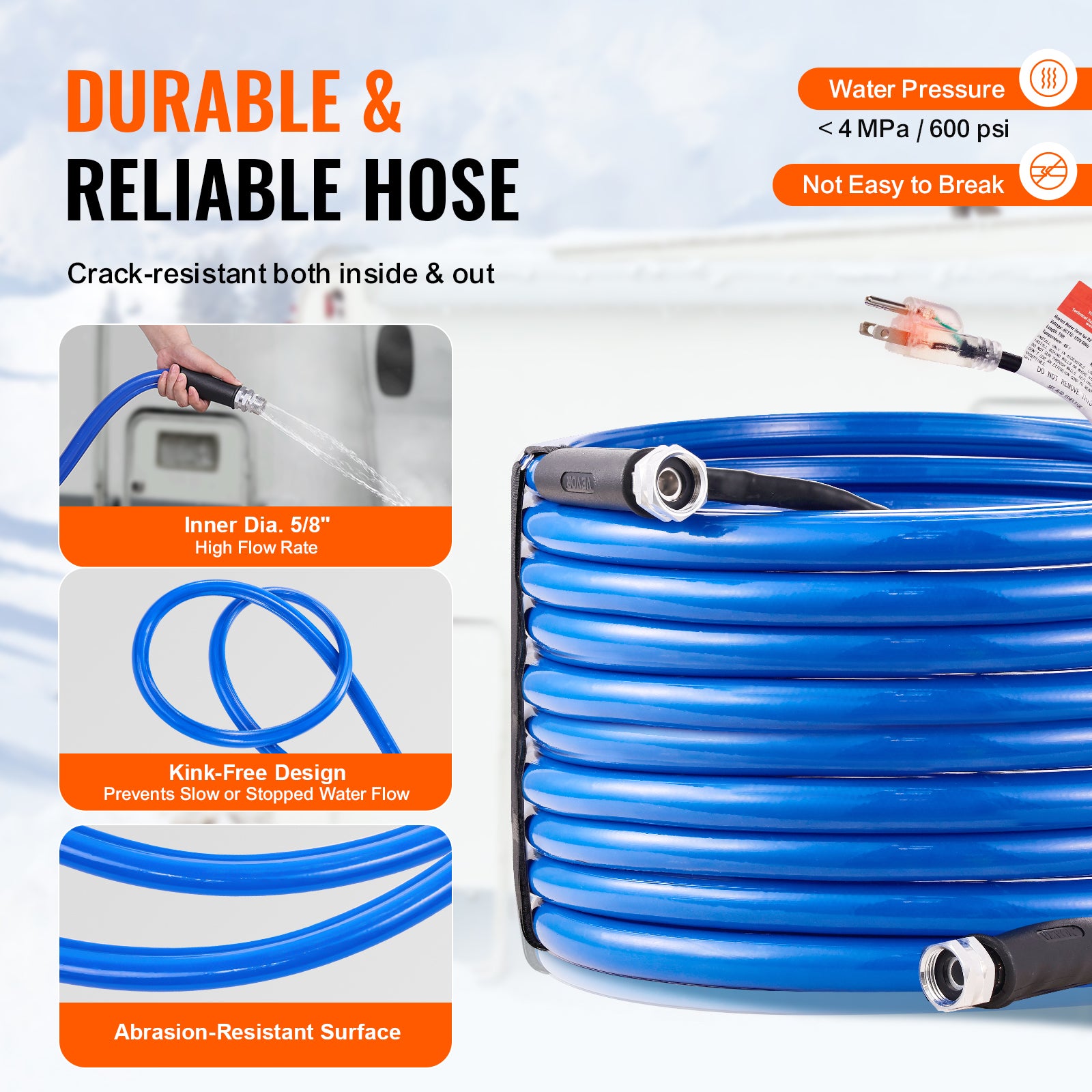 VEVOR Heated Water Hose 15ft-100ft for RV -45℉ Antifreeze Drinking Water Hose
