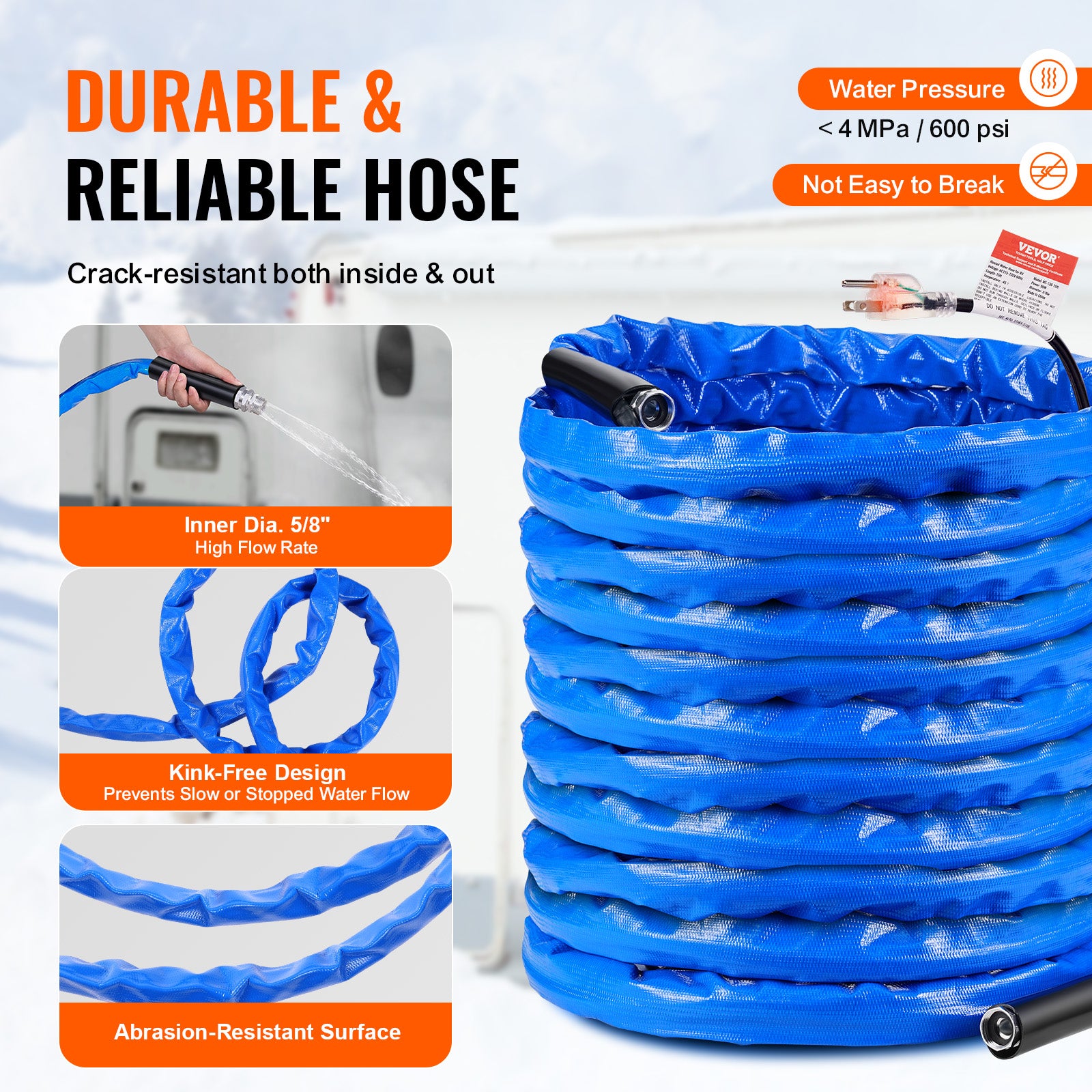 VEVOR Heated Water Hose 15ft-100ft for RV -45℉ Antifreeze Drinking Water Hose