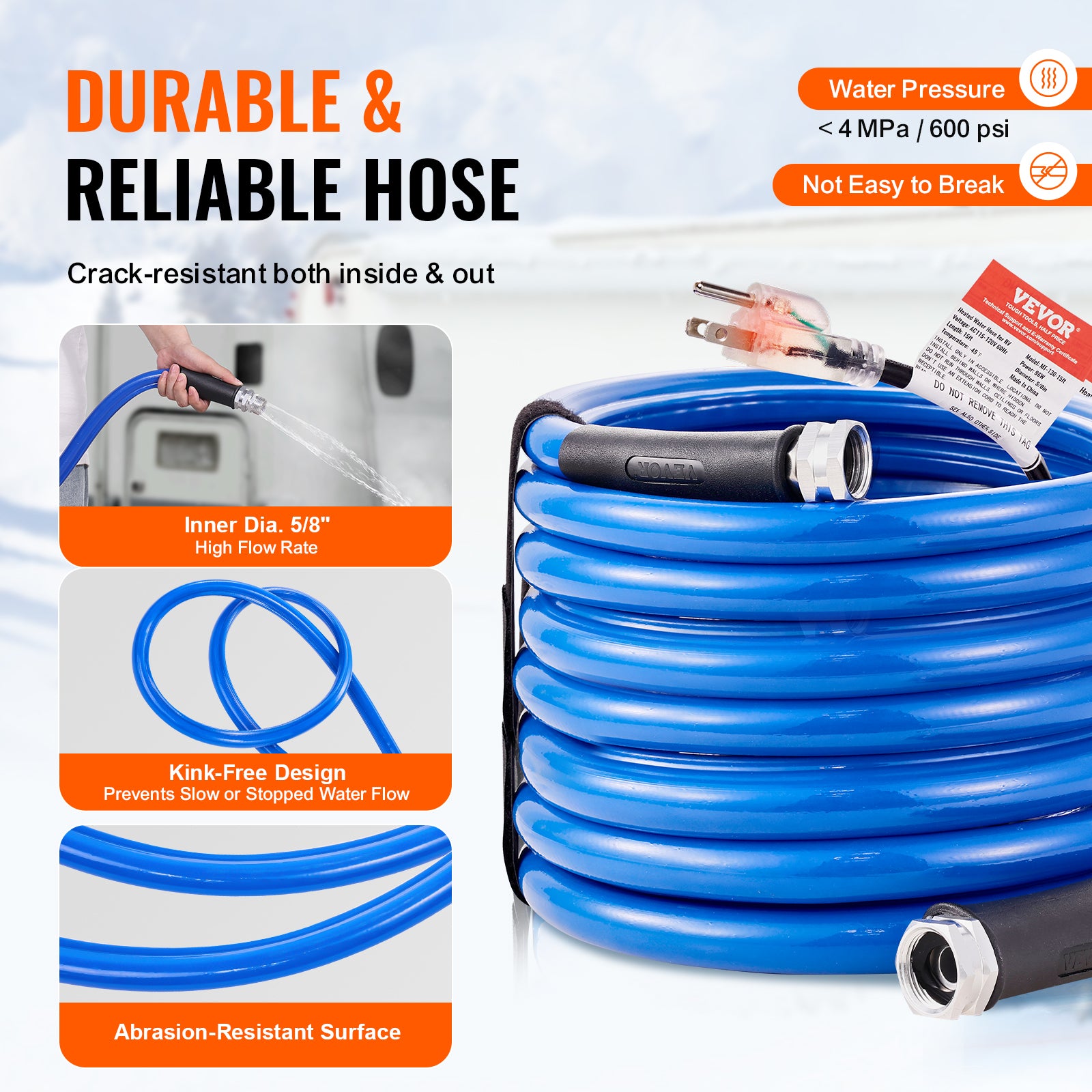VEVOR Heated Water Hose 15ft-100ft for RV -45℉ Antifreeze Drinking Water Hose