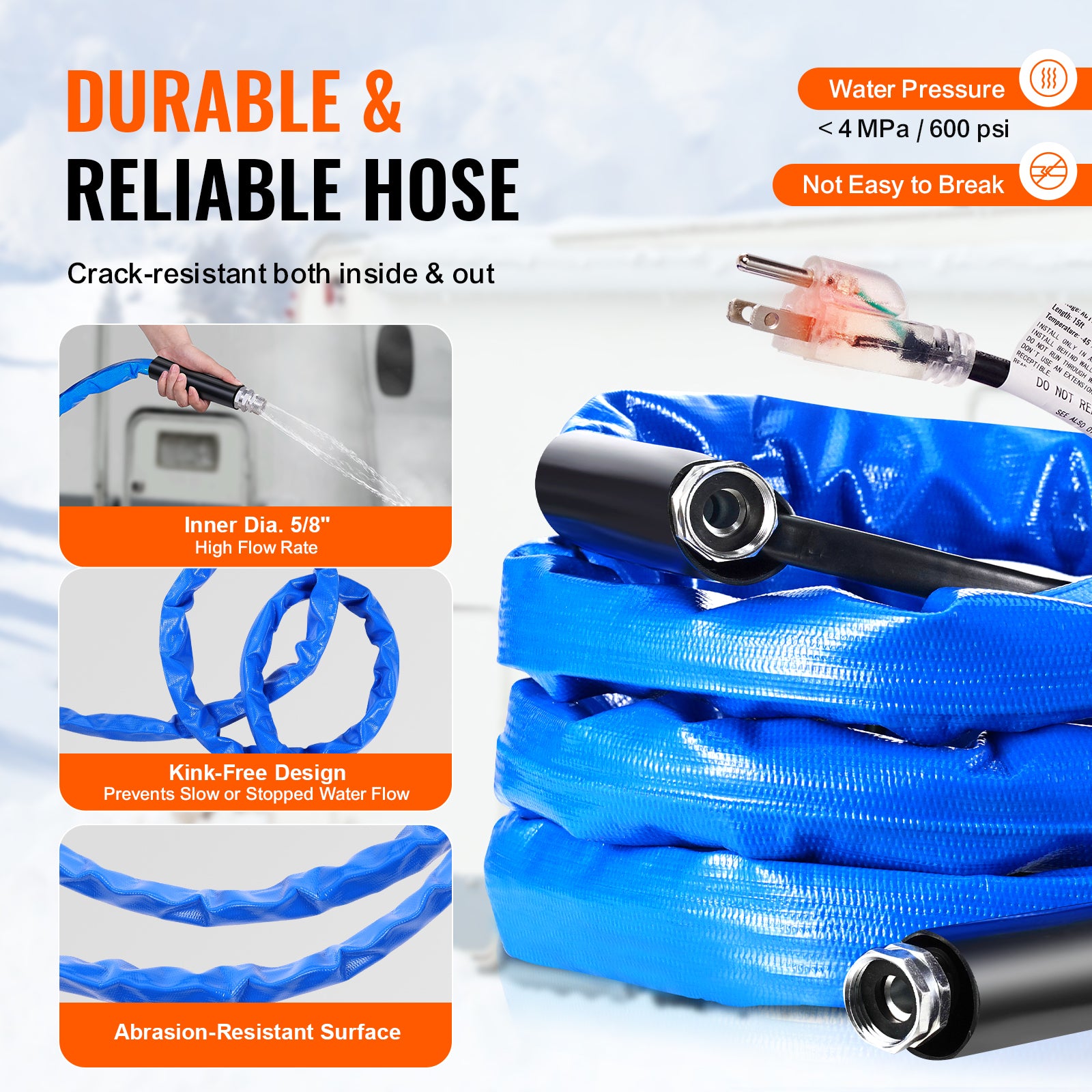 VEVOR Heated Water Hose 15ft-100ft for RV -45℉ Antifreeze Drinking Water Hose