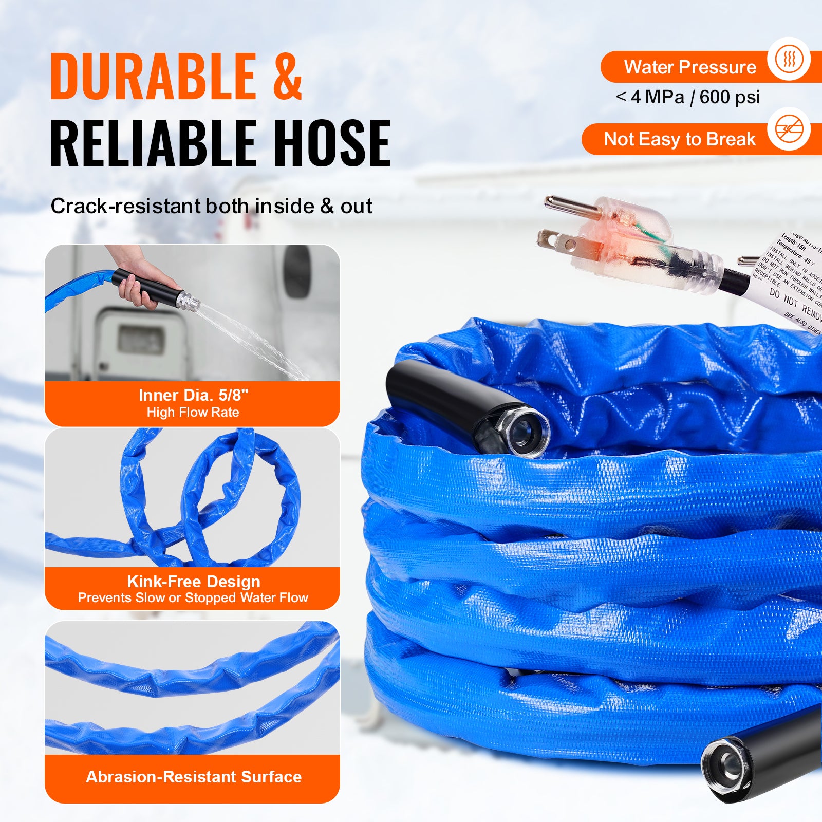 VEVOR Heated Water Hose 15ft-100ft for RV -45℉ Antifreeze Drinking Water Hose