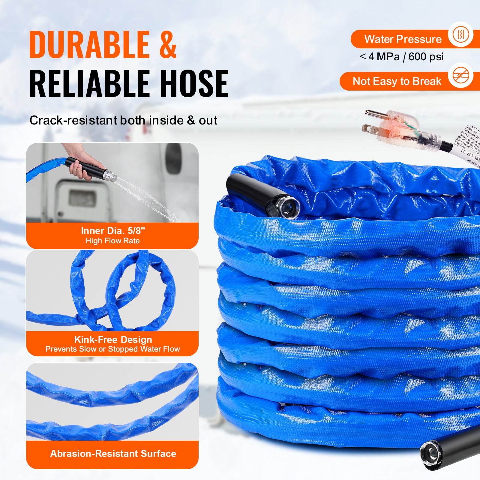 VEVOR Heated Water Hose 15ft-100ft for RV -45℉ Antifreeze Drinking Water Hose