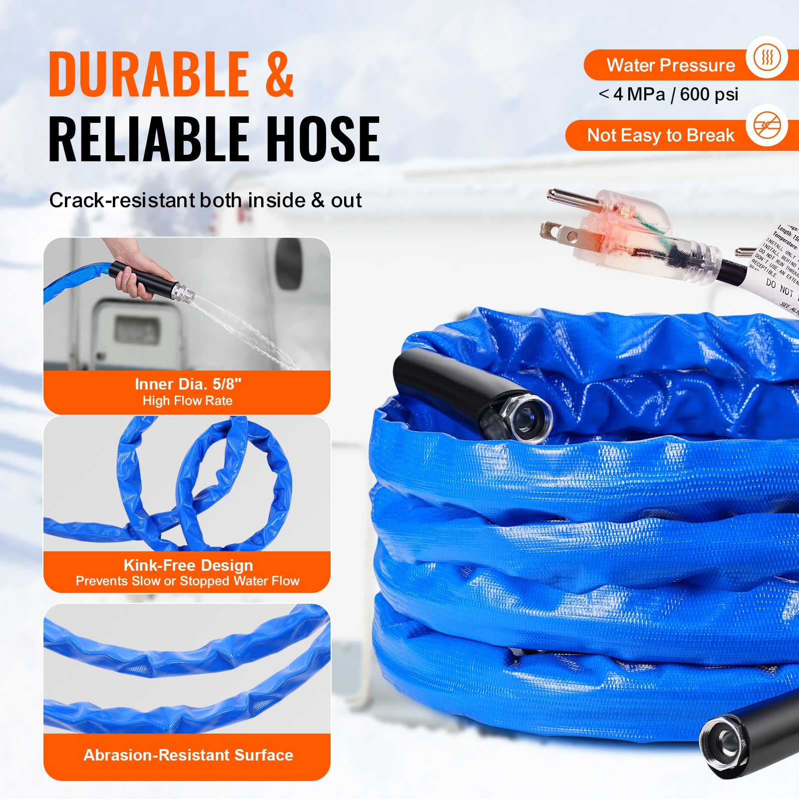 VEVOR Heated Water Hose 15ft-100ft for RV -45℉ Antifreeze Drinking Water Hose