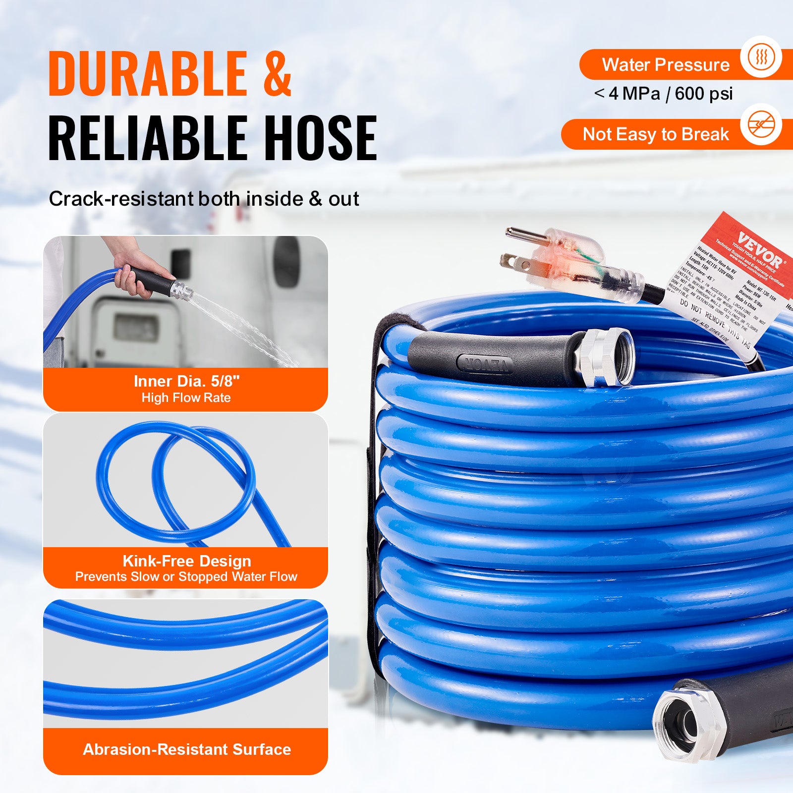 VEVOR Heated Water Hose 15ft-100ft for RV -45℉ Antifreeze Drinking Water Hose