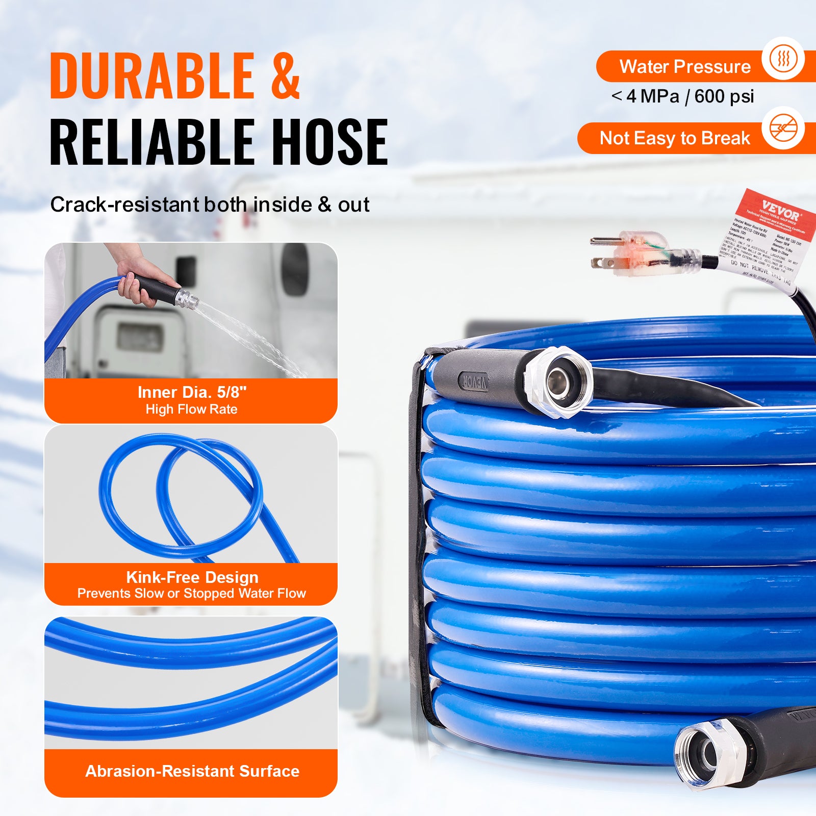VEVOR Heated Water Hose 15ft-100ft for RV -45℉ Antifreeze Drinking Water Hose