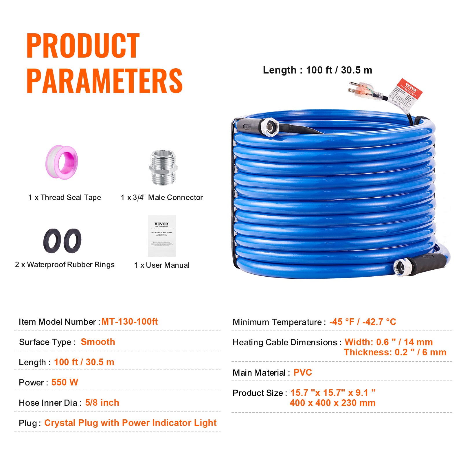VEVOR Heated Water Hose 15ft-100ft for RV -45℉ Antifreeze Drinking Water Hose
