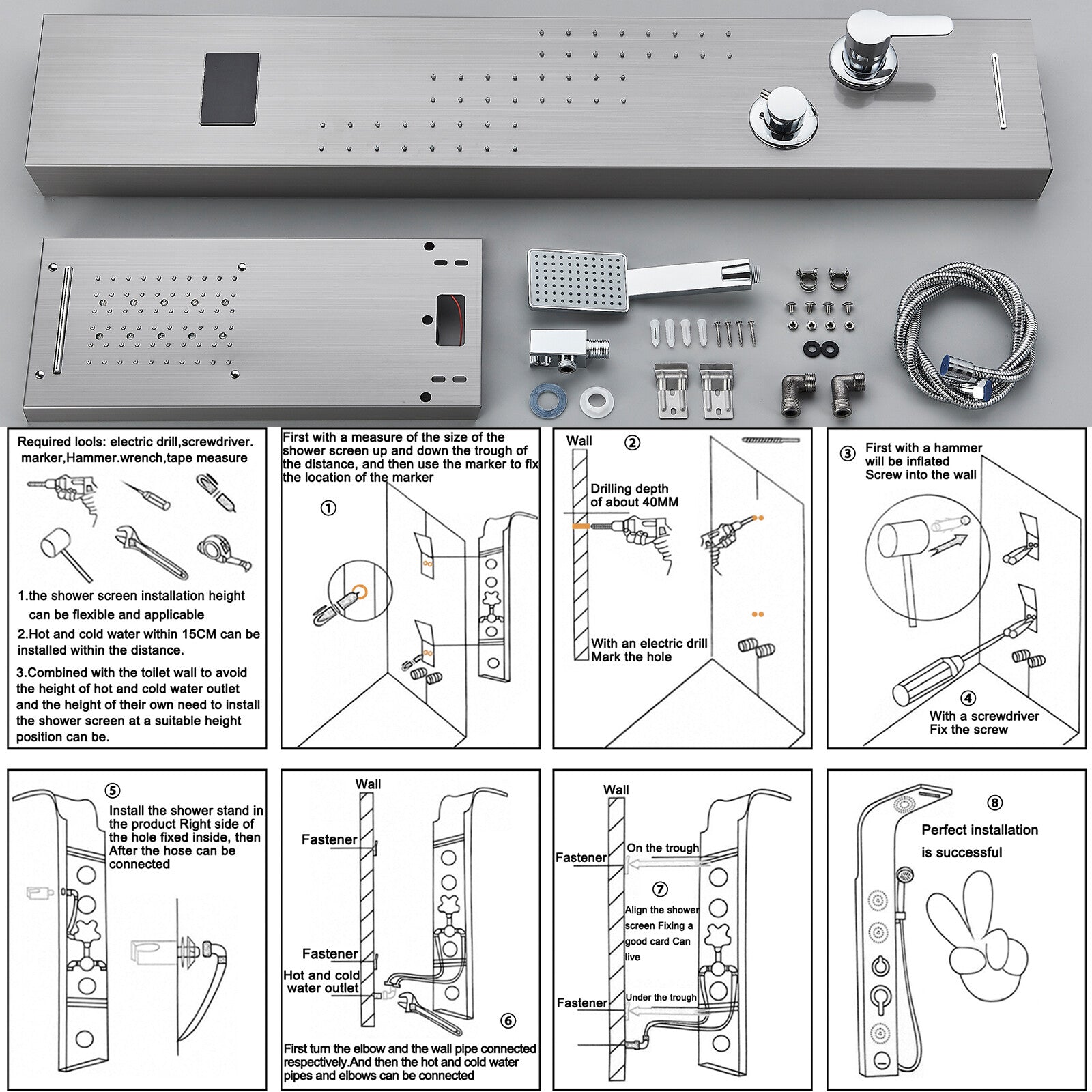 LED Shower Panel Tower Massage System Rain&Waterfall Jets Faucet Stainless Steel
