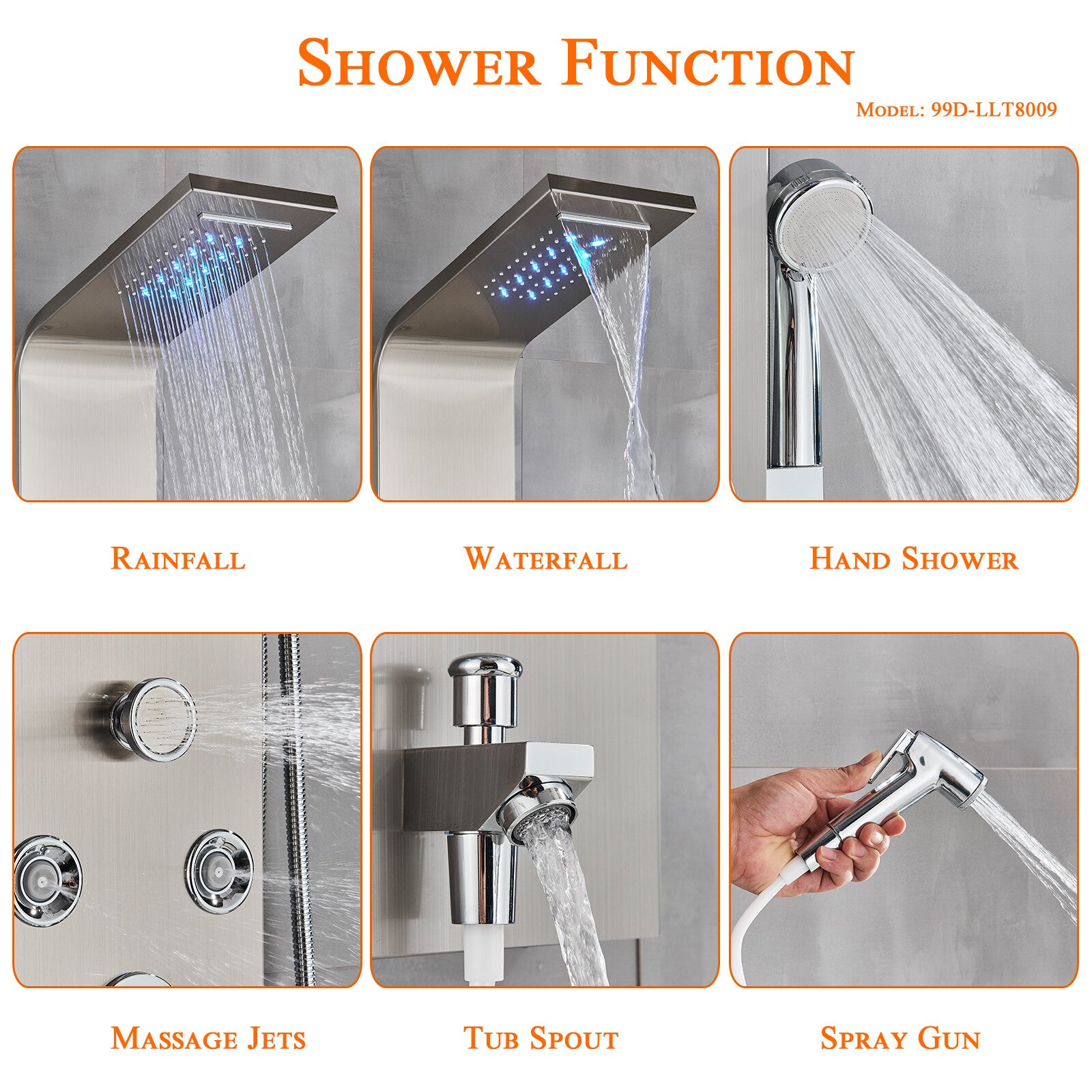 LED Shower Panel Tower Massage System Rain&Waterfall Jets Faucet Stainless Steel