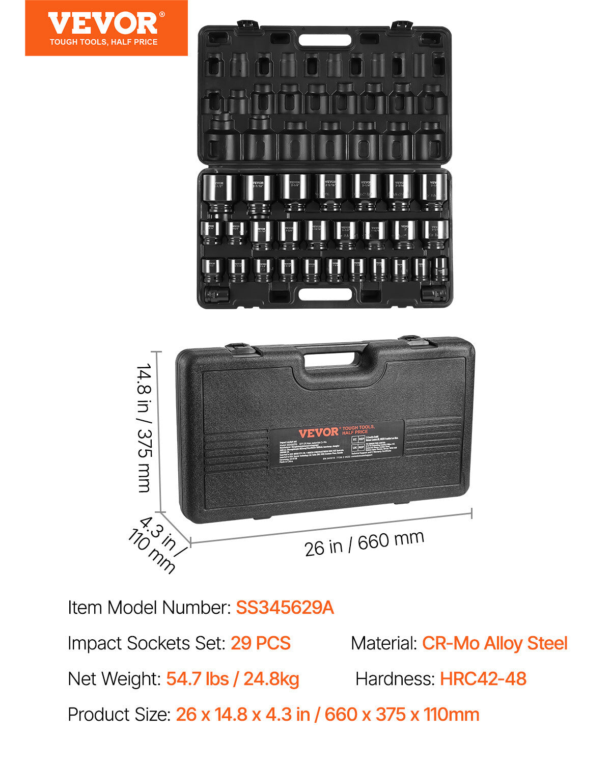 Impact Socket Set 29 PCs 3/4" Drive 6 Point SAE Master 3/4 inch - 2-1/2 inch