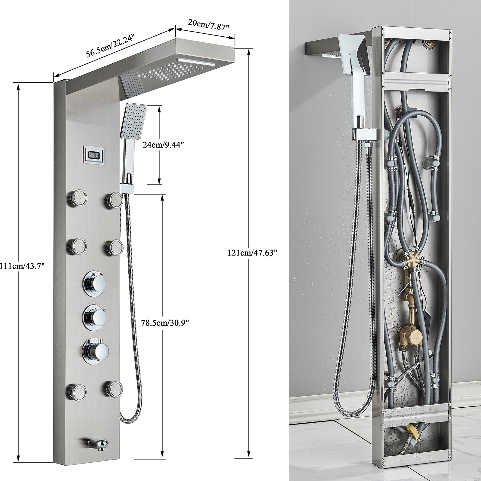 LED Shower Panel Tower Massage System Rain&Waterfall Jets Faucet Stainless Steel