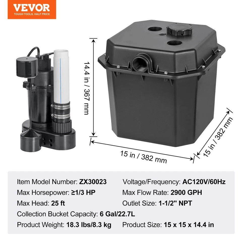 VEVOR Utility Sink Pump 1/3 HP 120 V 2900 GPH 25 ft. 6 Gal. Submersible