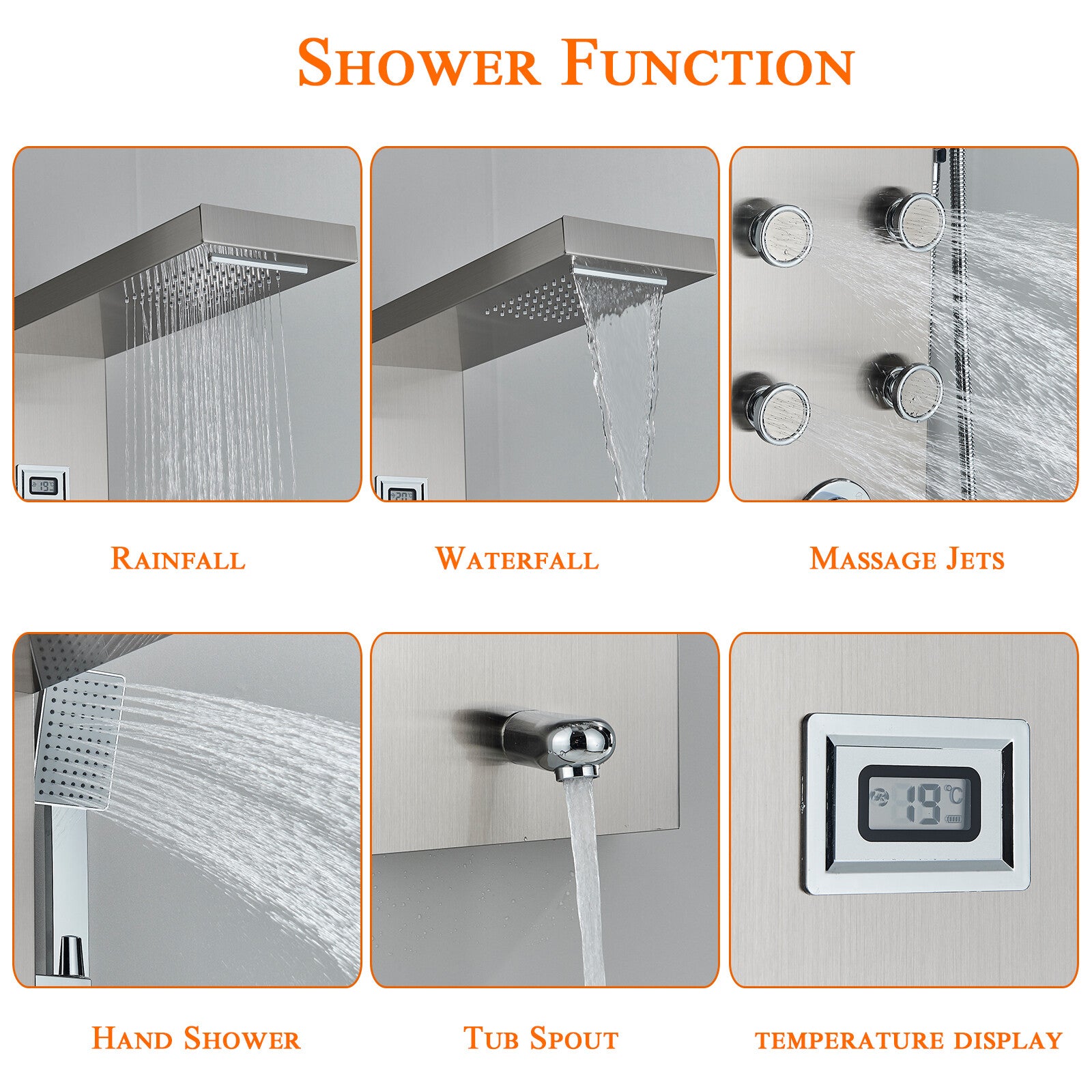 LED Shower Panel Tower Massage System Rain&Waterfall Jets Faucet Stainless Steel