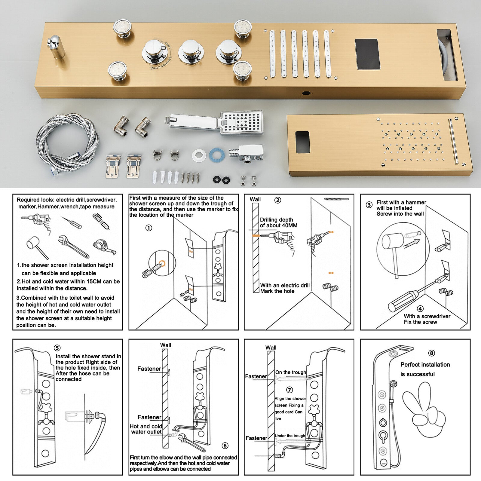 LED Shower Panel Tower Massage System Rain&Waterfall Jets Faucet Stainless Steel