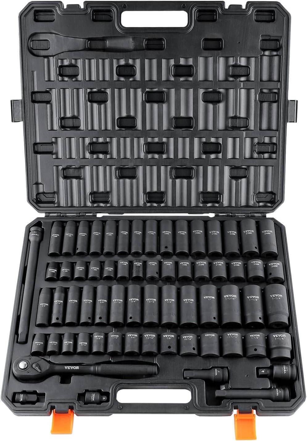 VEVOR 1/2'' Drive Impact Socket Set 65pc SAE/Metric 6 Point CR-V with Case