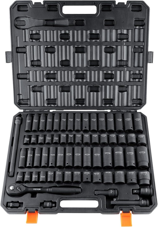 VEVOR 1/2'' Drive Impact Socket Set 65pc SAE/Metric 6 Point CR-V with Case