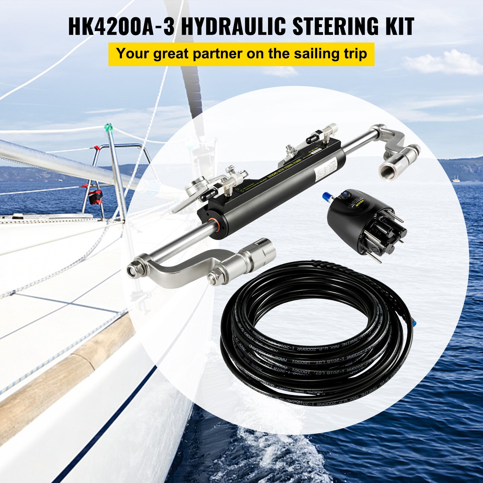 HK4200A-3 Hydraulic Outboard Steering System Kit 300HP 2x20ft Hose Cylinder Helm