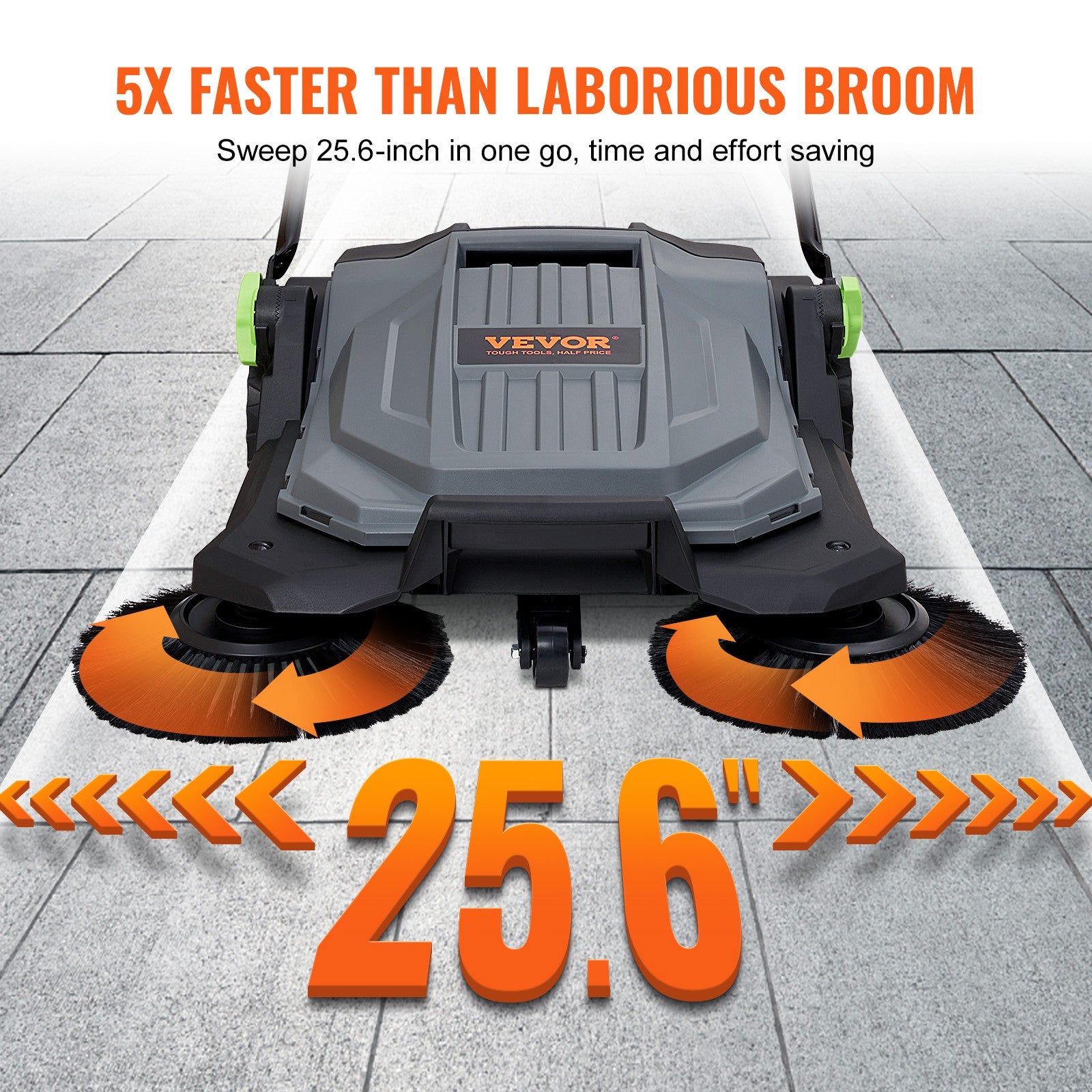 VEVOR Walk-behind Hand Push Floor Sweeper 25.6" Width 5 Gallon Waste Container