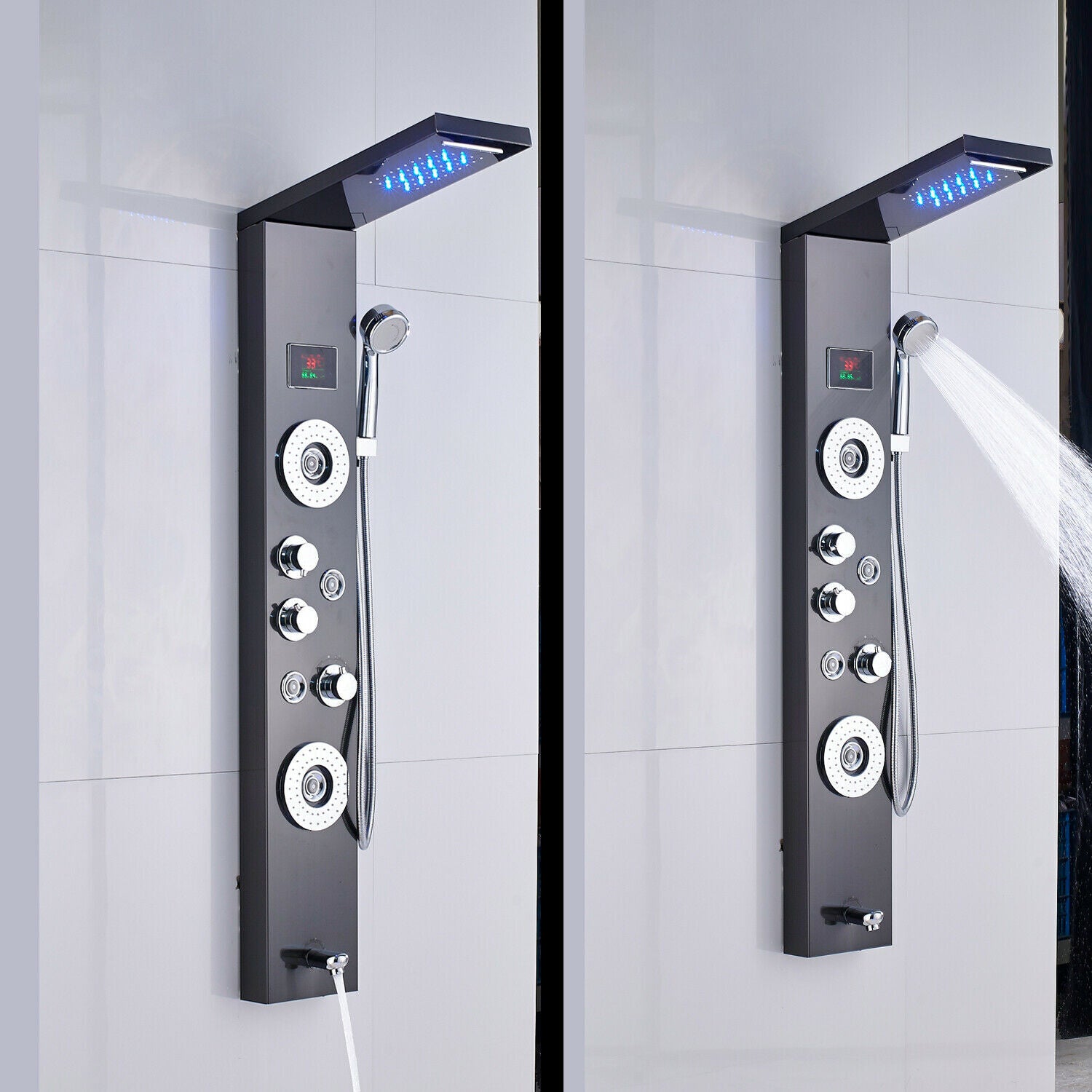LED Shower Panel Tower Massage System Rain&Waterfall Jets Faucet Stainless Steel