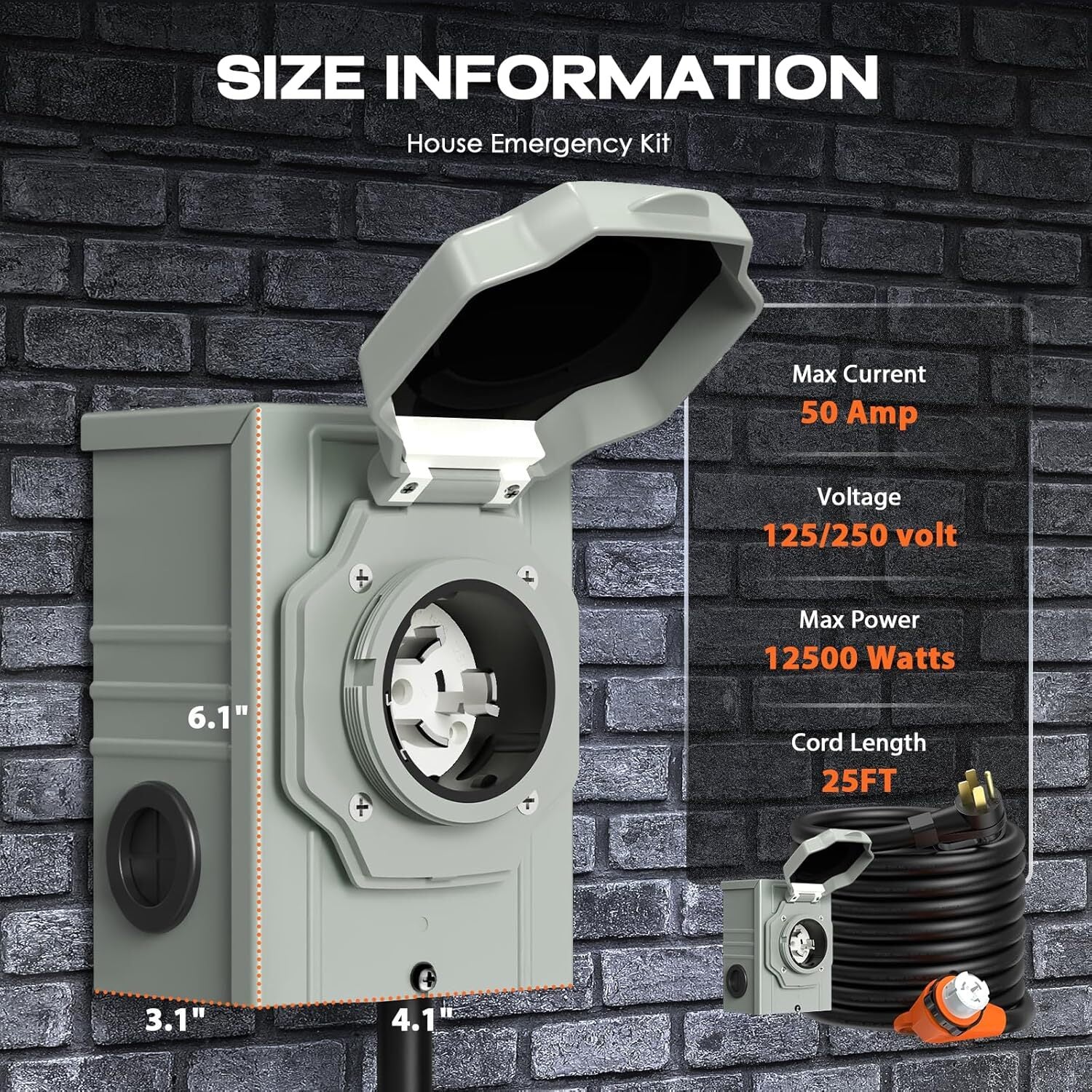 50 Amp 25FT Generator Power Cord and Waterproof Power Inlet Box 14-50P to CS6364