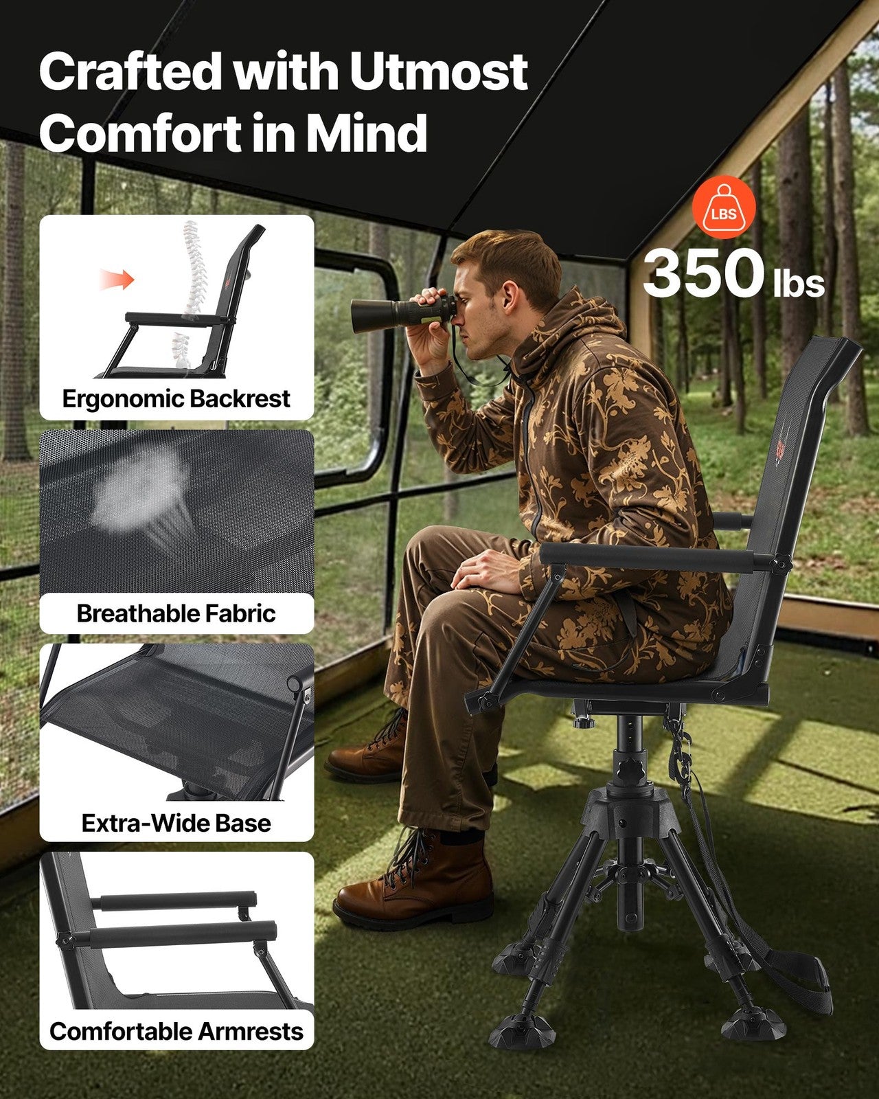 VEVOR Hunting Chair 360° Swivel Silent Folding Blind Chair Adjustable Legs