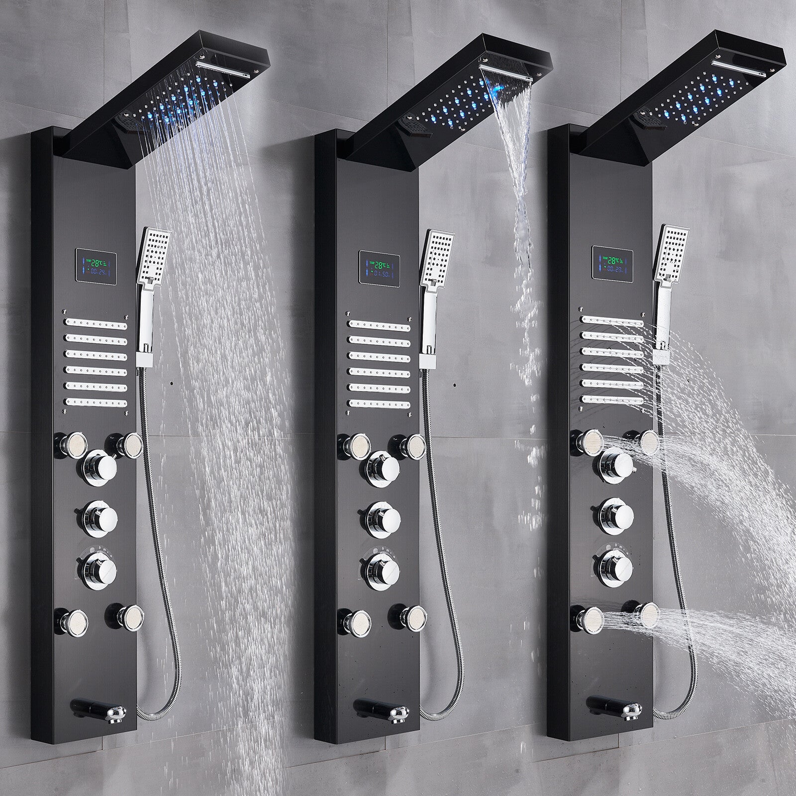 LED Shower Panel Tower Massage System Rain&Waterfall Jets Faucet Stainless Steel