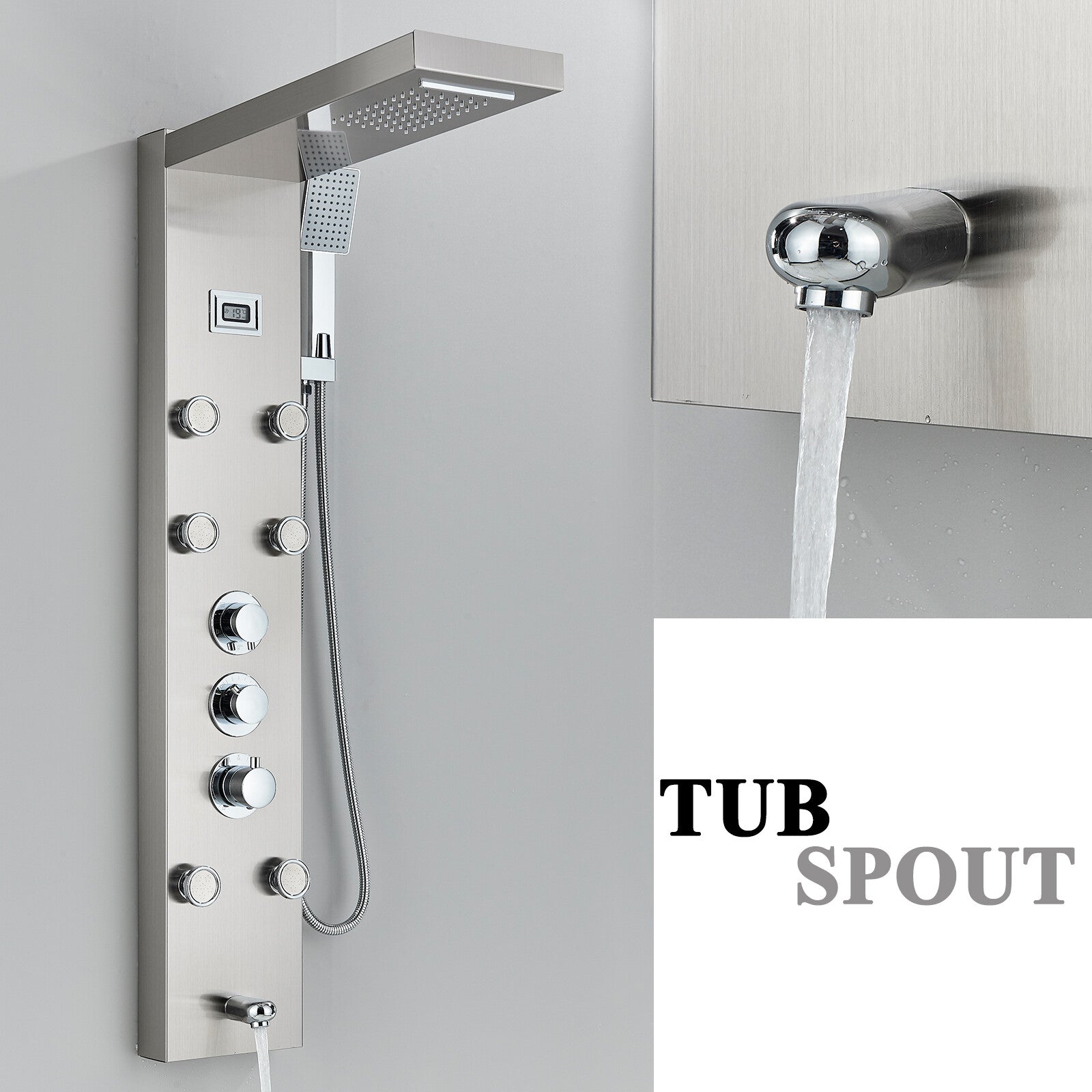 LED Shower Panel Tower Massage System Rain&Waterfall Jets Faucet Stainless Steel
