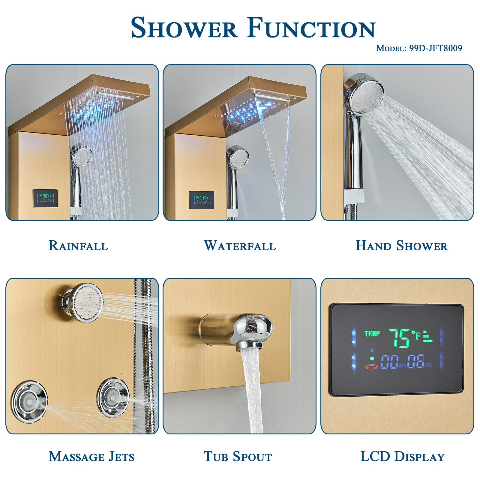LED Shower Panel Tower Massage System Rain&Waterfall Jets Faucet Stainless Steel