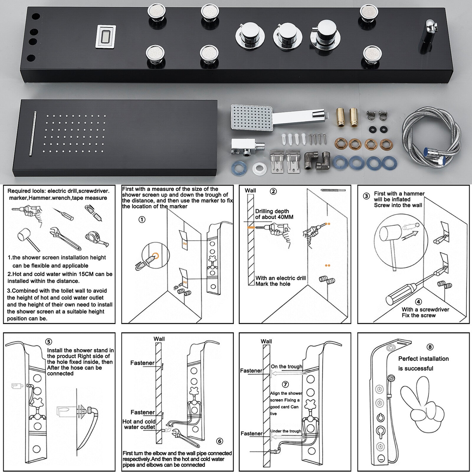 LED Shower Panel Tower Massage System Rain&Waterfall Jets Faucet Stainless Steel