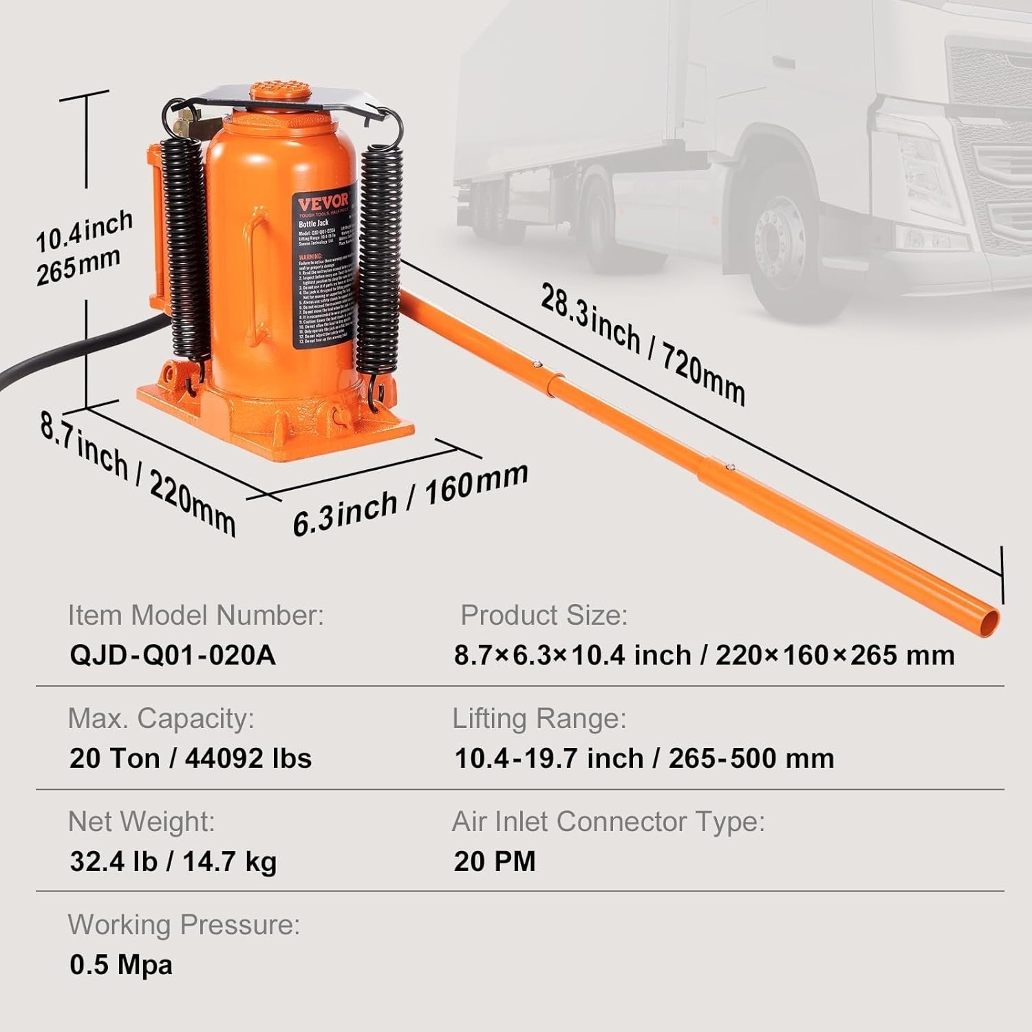 VEVOR Air Hydraulic Bottle Jack, 20 Ton/40000 LBS All Welded Bottle Jack