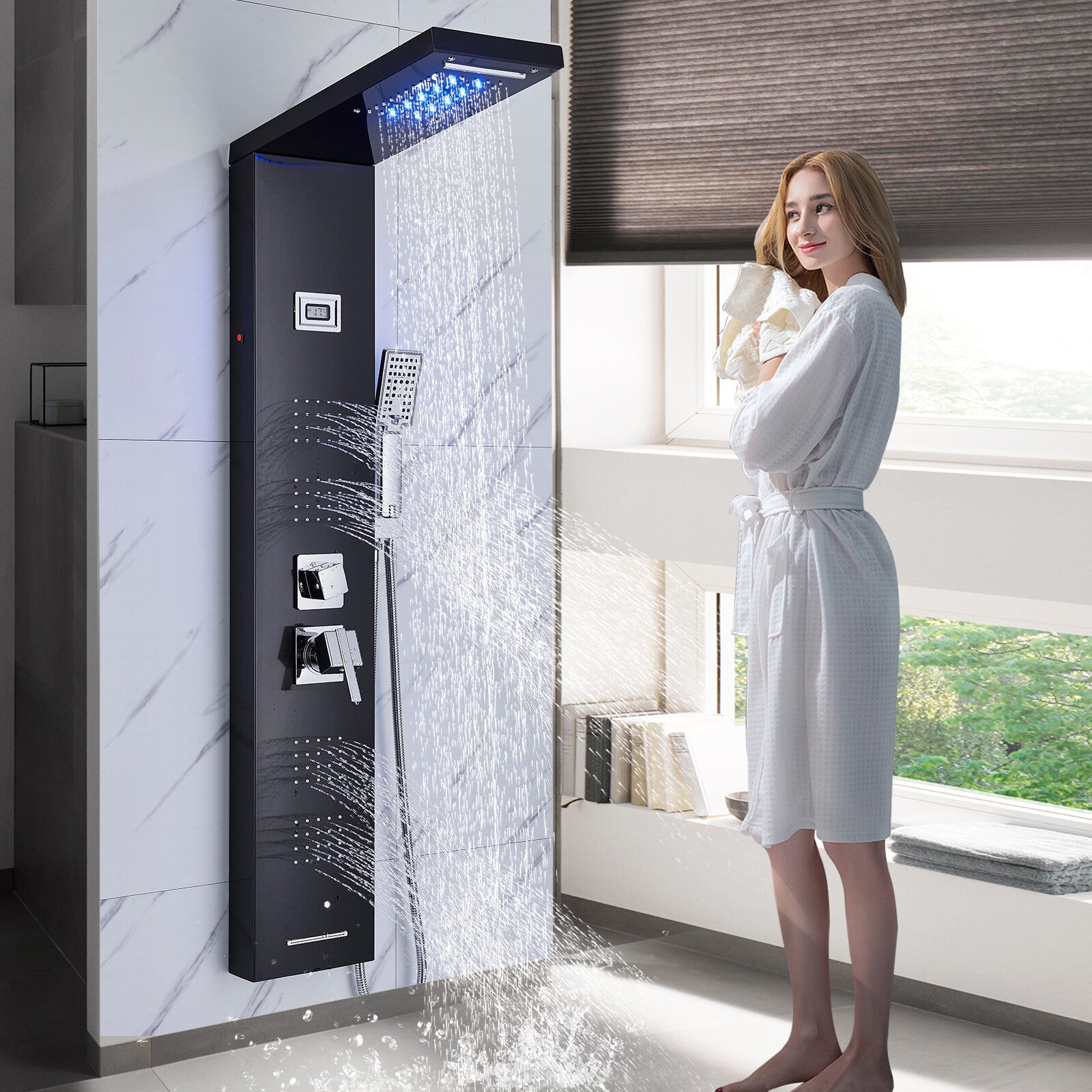 LED Shower Panel Tower Massage System Rain&Waterfall Jets Faucet Stainless Steel