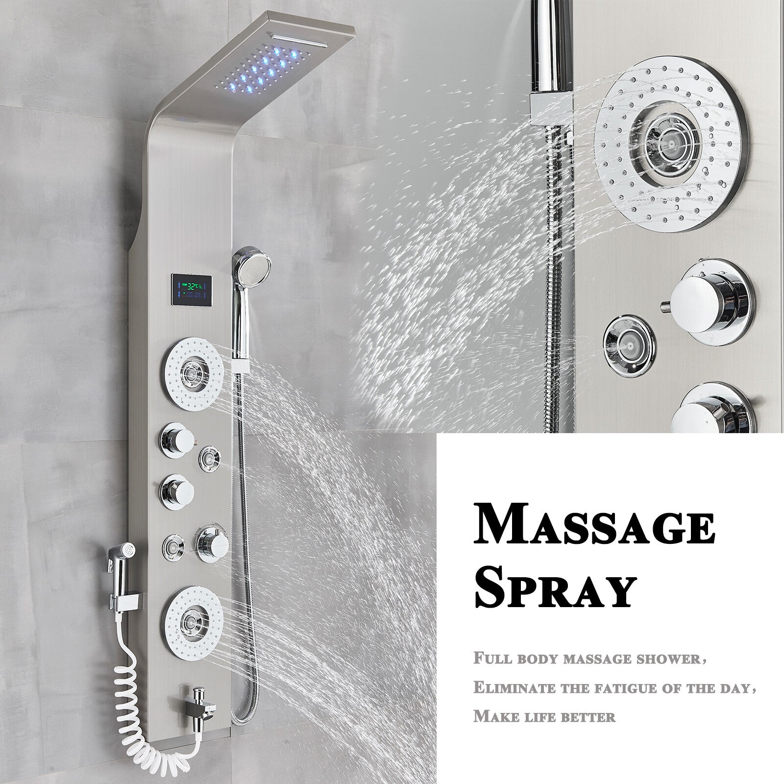LED Shower Panel Tower Massage System Rain&Waterfall Jets Faucet Stainless Steel