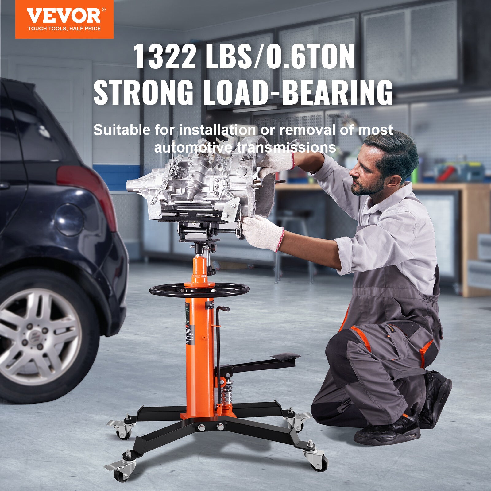 VEVOR 1322-1660 lbs Hydraulic Transmission Jack 360° Swivel Wheels Lift Hoist