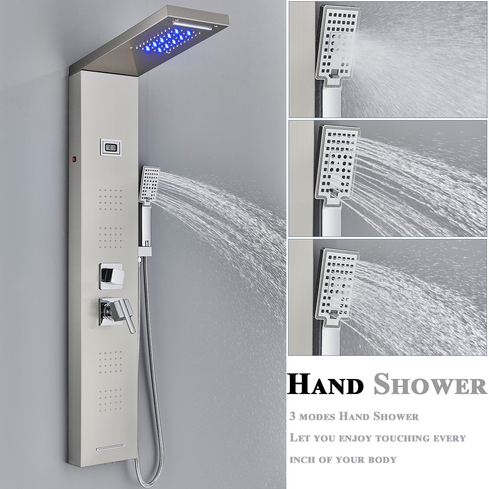 LED Shower Panel Tower Massage System Rain&Waterfall Jets Faucet Stainless Steel