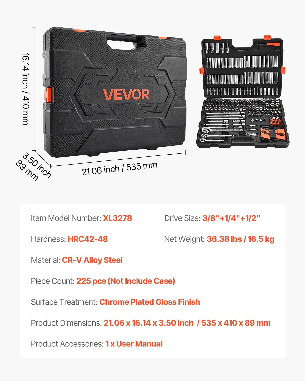 VEVOR Socket Set Socket Tool Set 225 Pieces 3/8 & 1/4 & 1/2 in Drive Auto Repair
