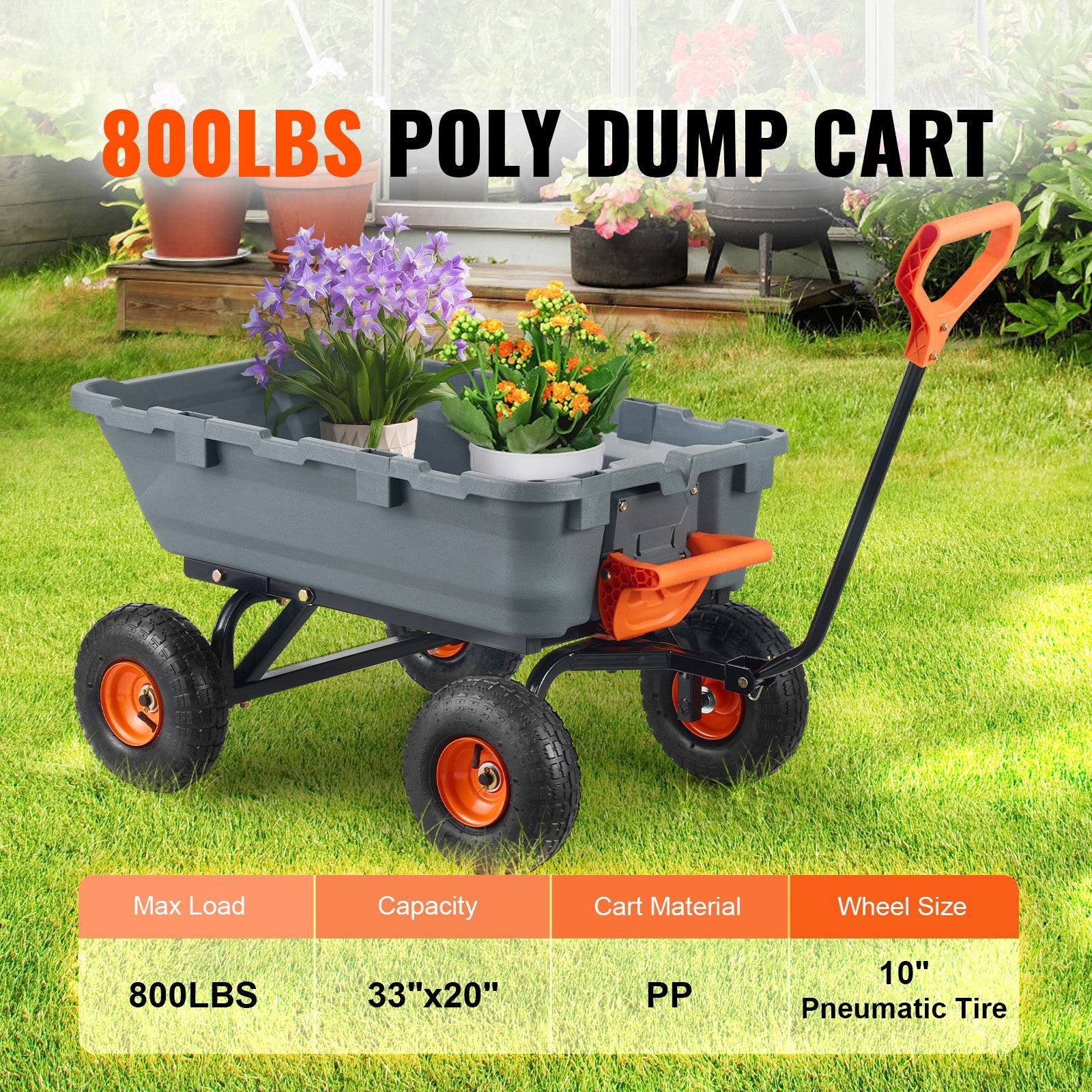 Poly Garden Dump Cart Heavy-duty Yard Carts and Wagons 800 lbs 10" Tires