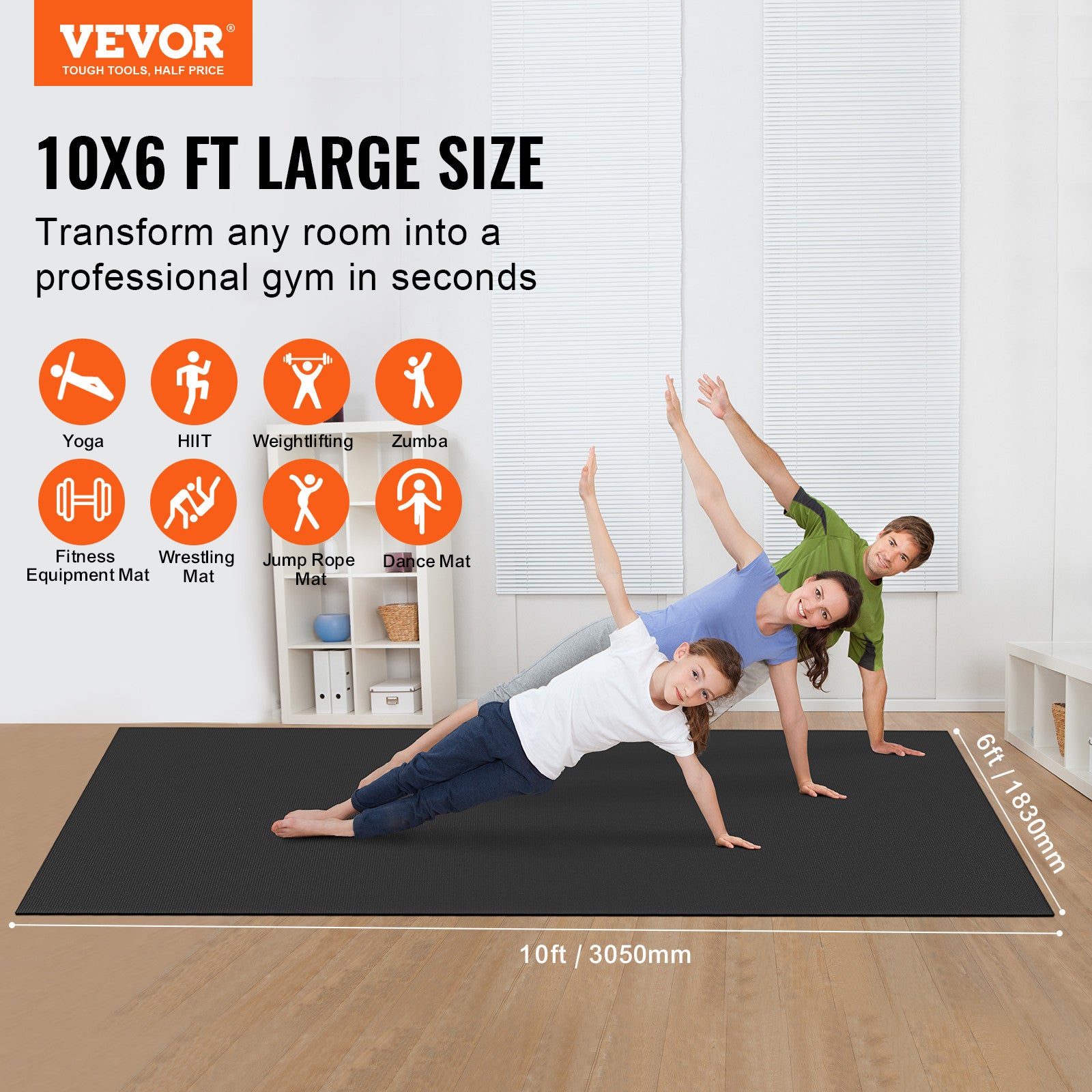 VEVOR Exercise Mat Non Slip Yoga Mat Gym Fitness Pilate Workout Mat (10x6ft)