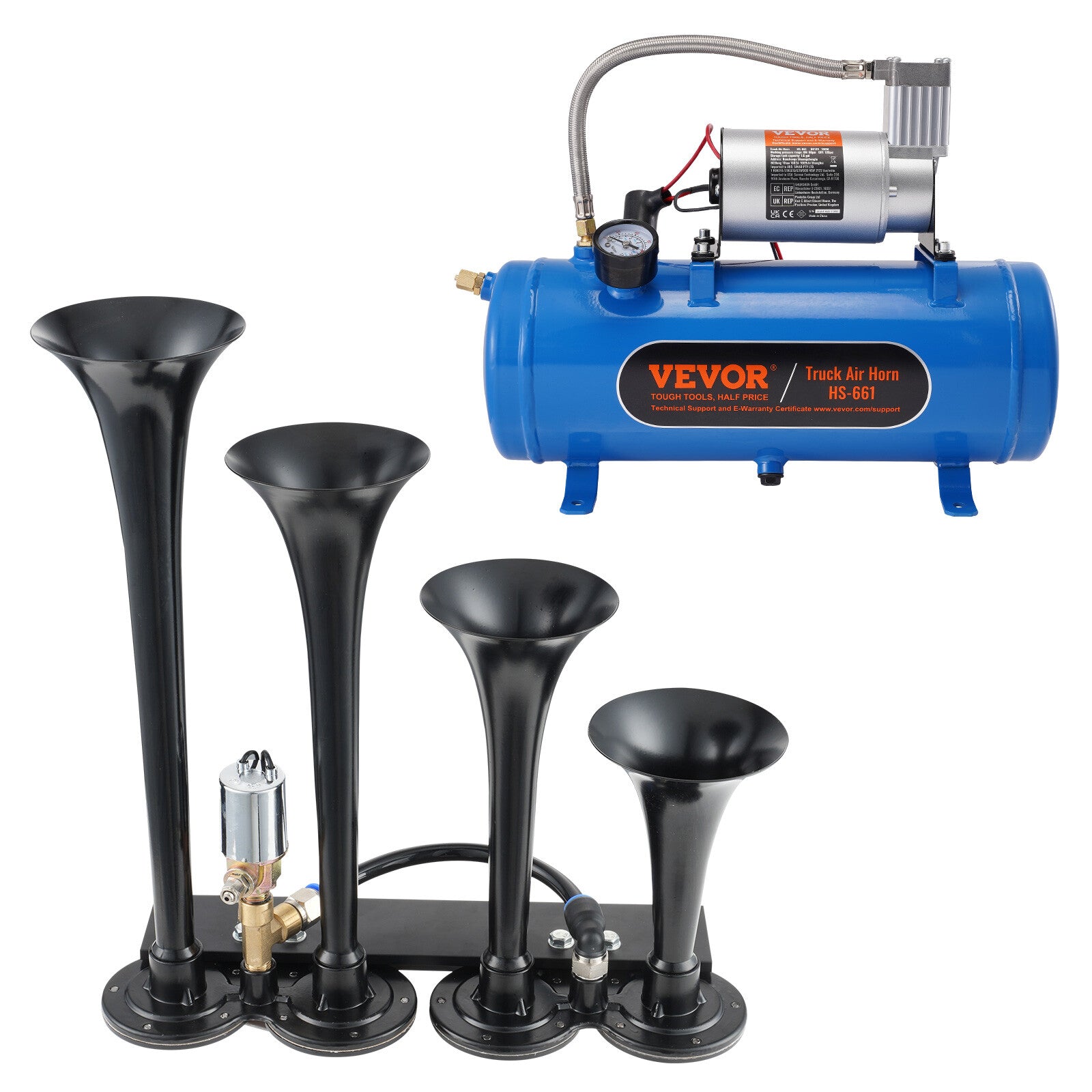 VEVOR Train Horns Kit 4 Trumpet Air Horn Kit 120 psi Air Compressor 1.6 Gal Tank