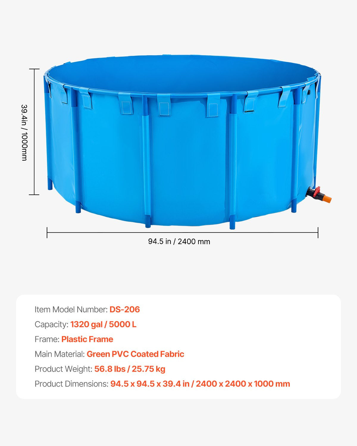 VEVOR Canvas Fish Pond, 1320 Gal Capacity Above Ground Fish Pond, Foldable PVC K