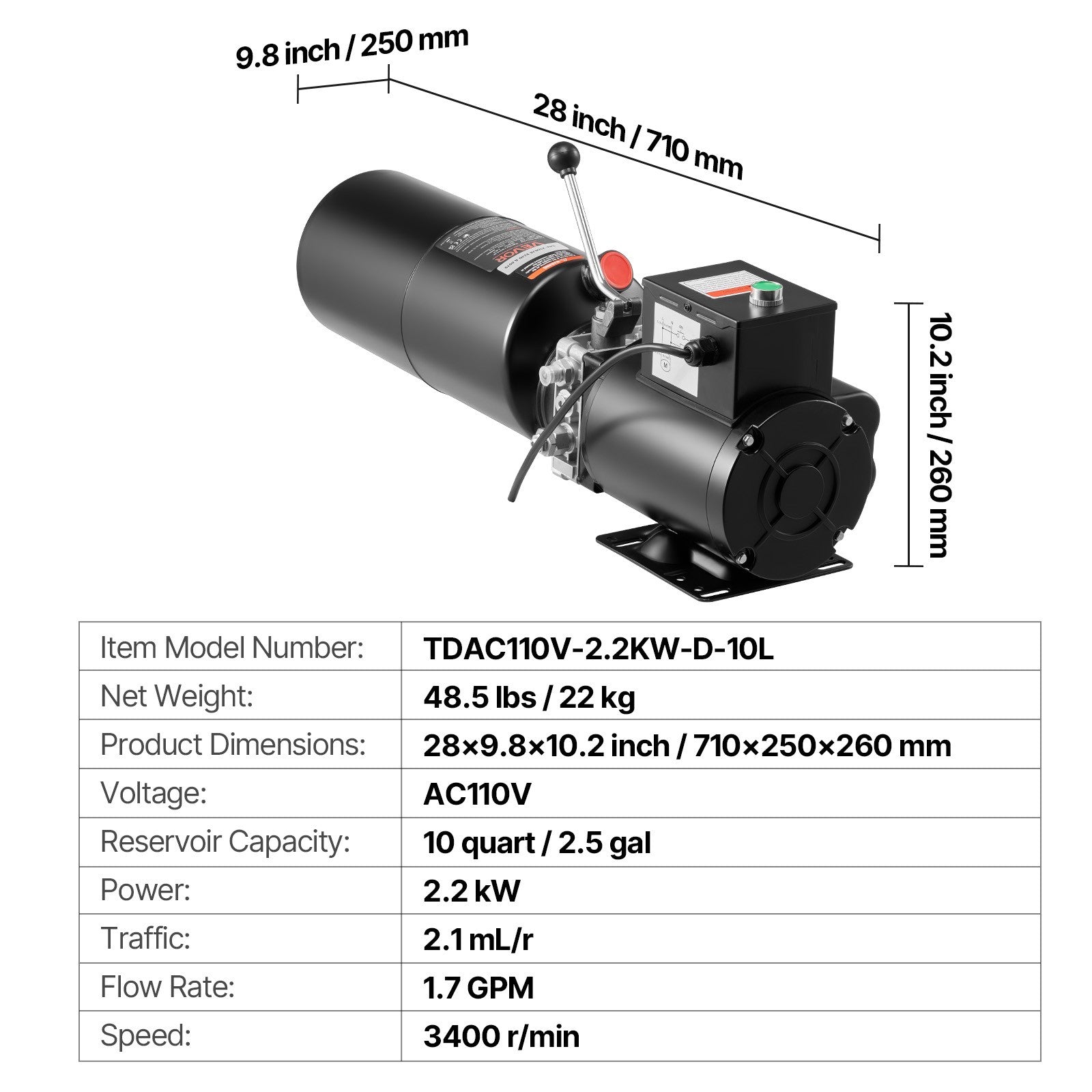 VEVOR Hydraulic Pump Power Unit AC 110V 10 Quart Single Acting Hydraulic Unit