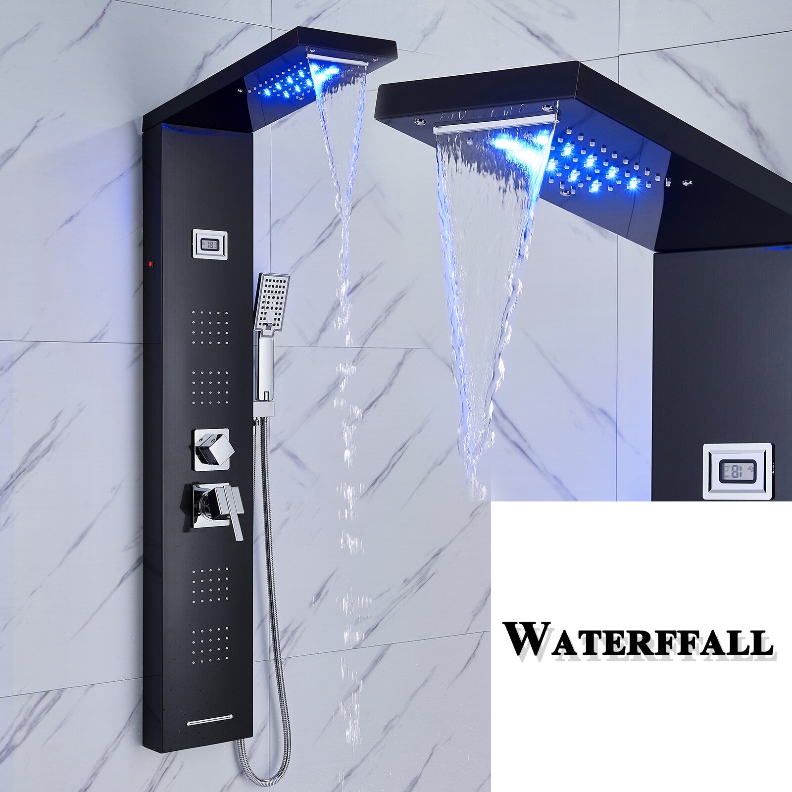 LED Shower Panel Tower Massage System Rain&Waterfall Jets Faucet Stainless Steel
